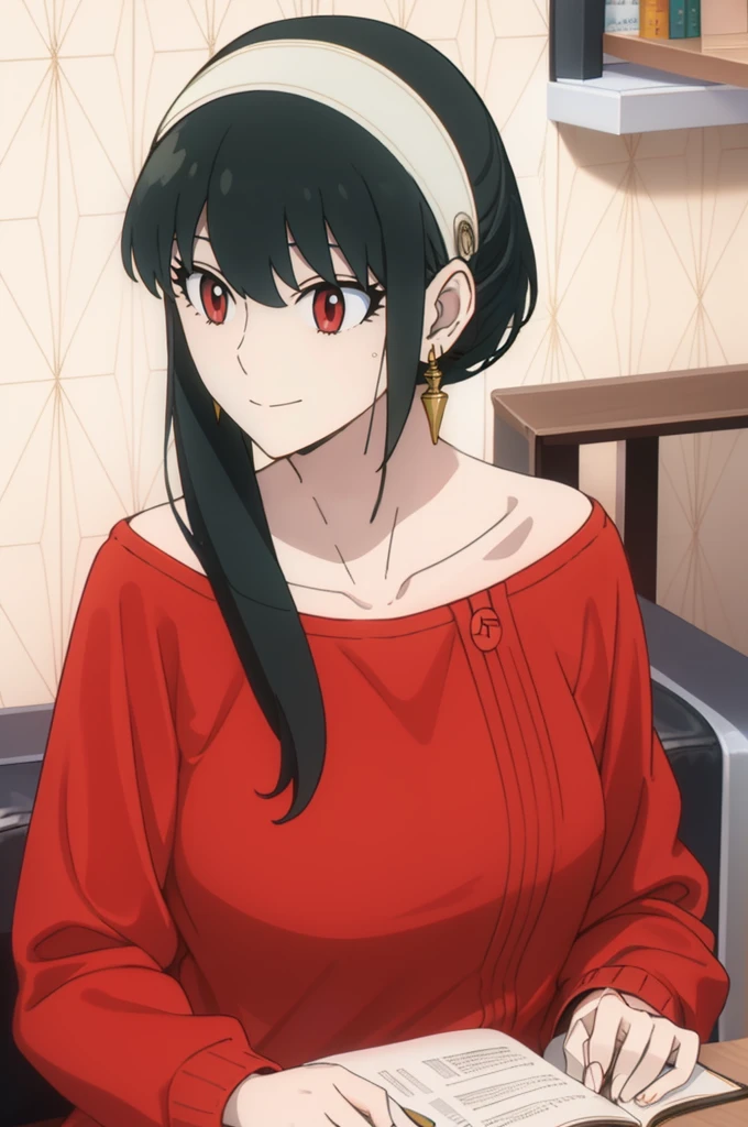 { - anatomy error} (Masterpiece, Best Quality) (masterpiece:1.4),(best quality:1.4) best quality, masterpiece, highres, solo, {yor_briar_spyxfamily:1.15}, black_hair, hairband, red eyes, sidelocks, white_hairband, jewelry, earrings, bangs, long_hair, 1girl, collarbone, closed_mouth, red_sweater, sweater,
