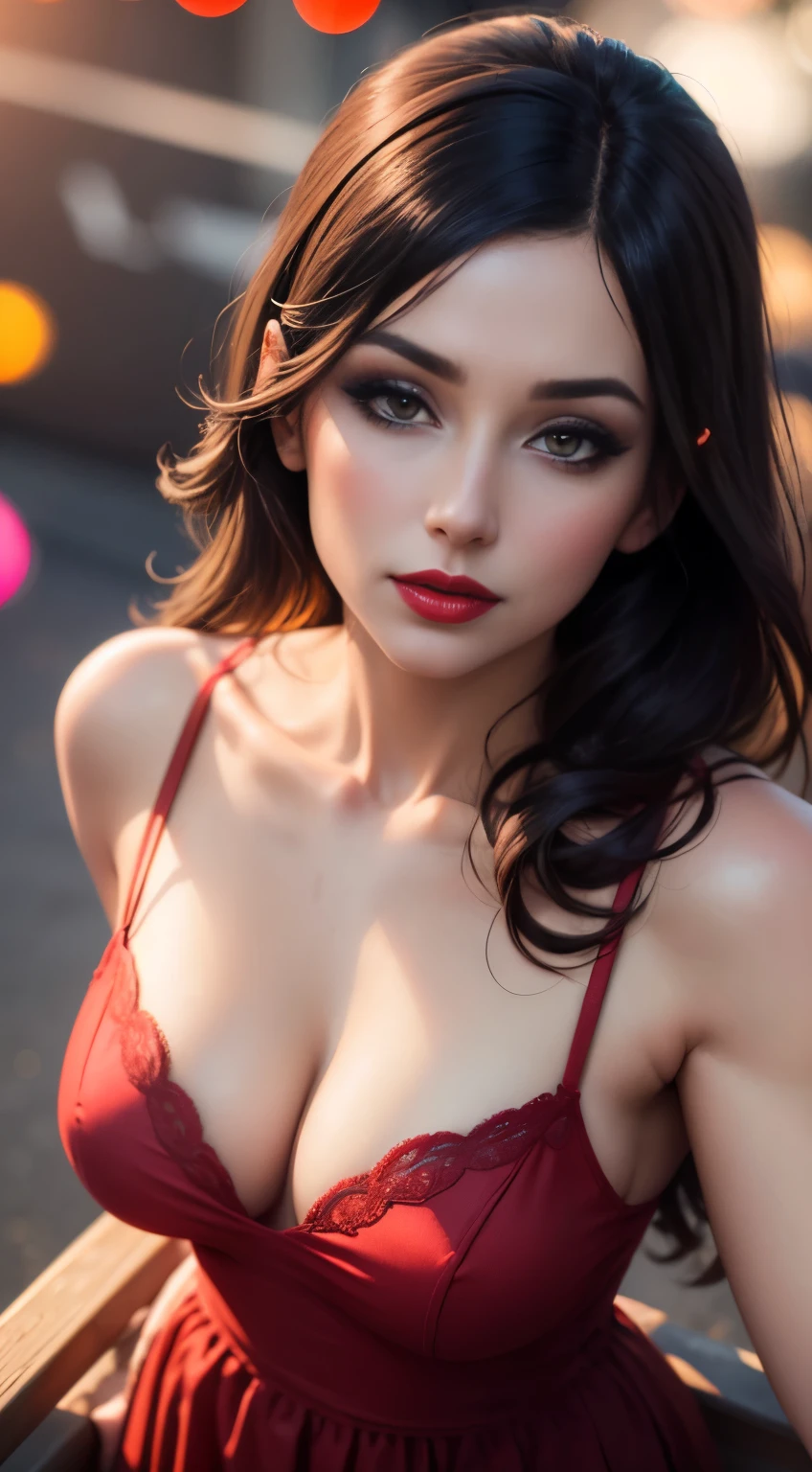 Woman, 30 years, spring clothes, makeup, red lips, cinematic lighting, bloom, bokeh, from above, UHD, masterpiece, textured skin, super detail, high quality, seductive posture
