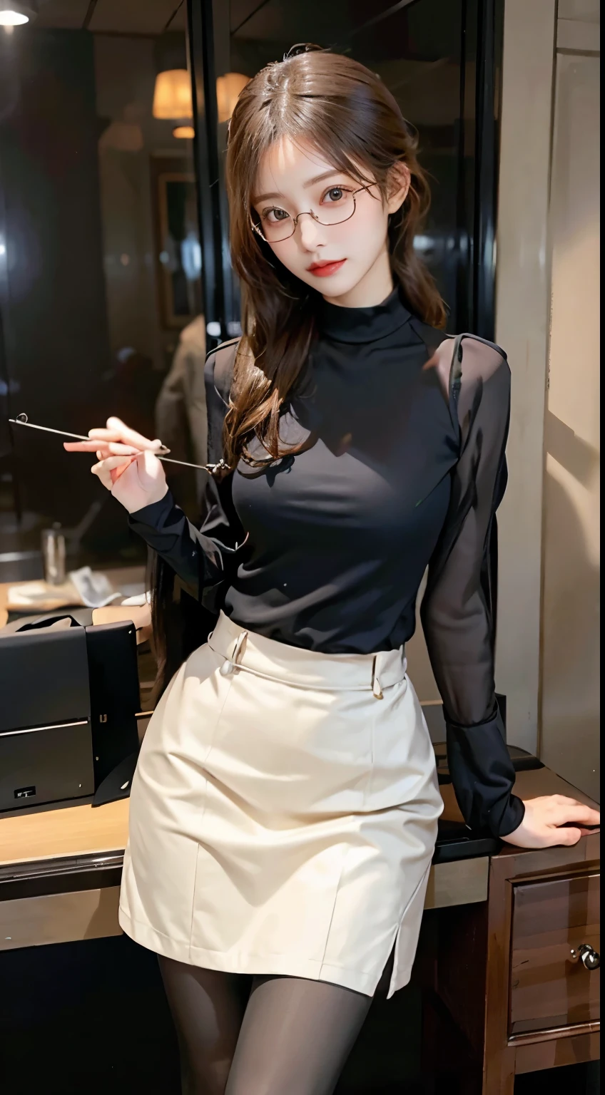 In a scholarly atmosphere, a woman embraces the charm of a glasses-wearing scholar. Her ensemble features modest yet stylish clothing, complemented by a pair of chic glasses that add an intellectual flair. With an air of intelligence and sophistication, she captures the timeless allure of a woman in a refined and tasteful outfit, showcasing the elegance of the glasses-wearing persona in a scholarly setting.