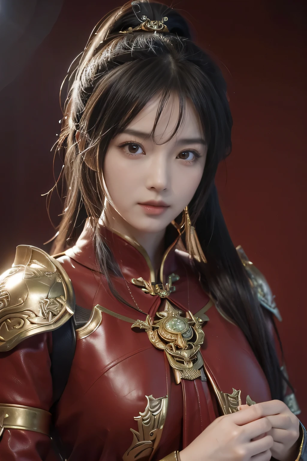 masterpiece,Best quality,A high resolution,8K,((Portrait)),((Head close-up)),Original photo,real photo,digital photography,(汉代战场中的女将军),18-year-old girl,(long ponytail hairstyle),cparted lips,Noble and charming,Elegant and serious,(汉代铠甲,The combination of gold metal and red leather,红色披风,Openwork design,armure,Knight Armor,metallic luster,Leather buckle,Exquisite pattern,mysterious badge,Cool and gorgeouig breasts)),Chest groove,三国人物画风,战场背景,Photo pose,oc render reflection texture,亮丽色彩,(森林背景)