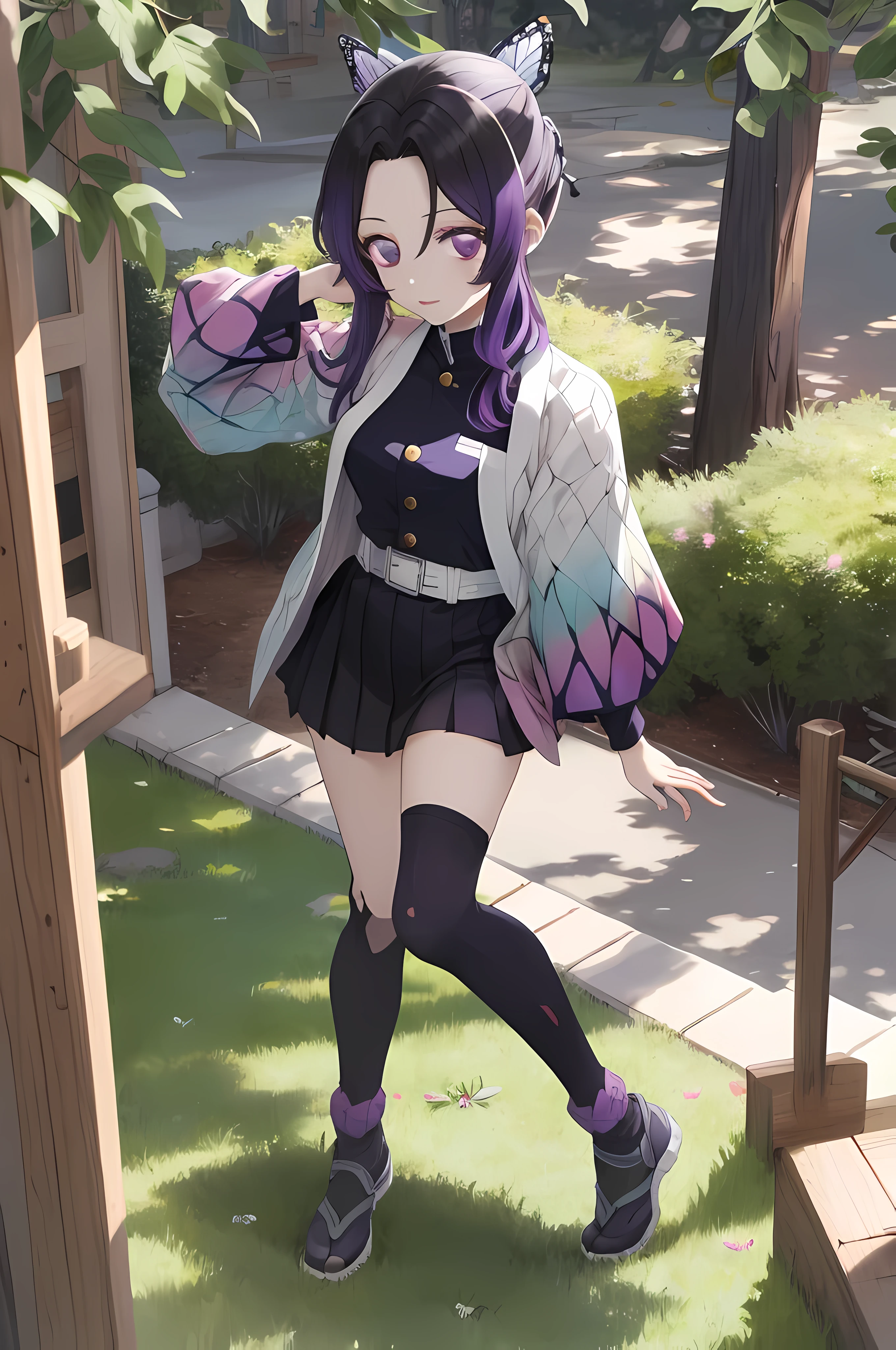 masutepiece, Best Quality, hight resolution, 1girl in, 独奏, kochou shinobu, Decorate your hair with butterflies, violet eyes, Multi-colored hair, long hair, Parted bangs, legs together, skirt by the, Turtleneck Top, outside of house, Erotica, Emphasis on the chest, full body view