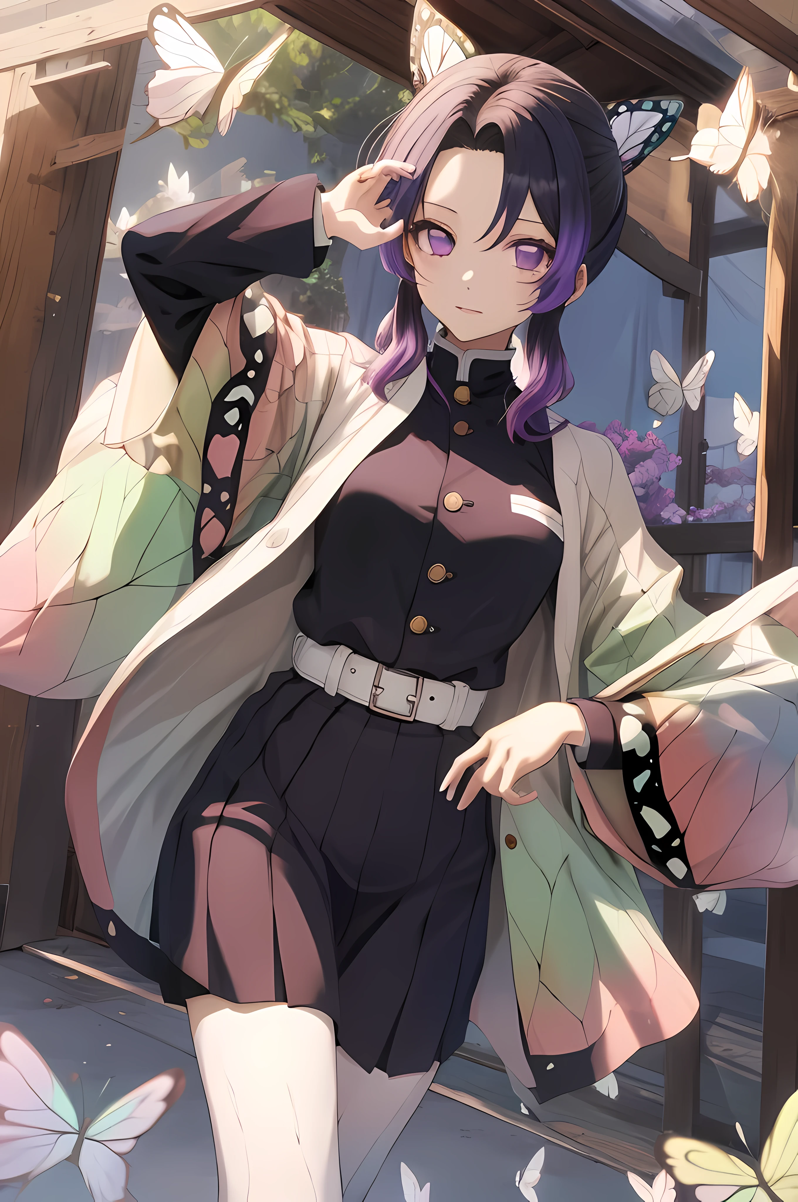 masutepiece, Best Quality, hight resolution, 1girl in, 独奏, kochou shinobu, Decorate your hair with butterflies, violet eyes, Multi-colored hair, long hair, Parted bangs, legs together, skirt by the, Turtleneck Top, outside of house, Erotica, Emphasis on the chest, full body view