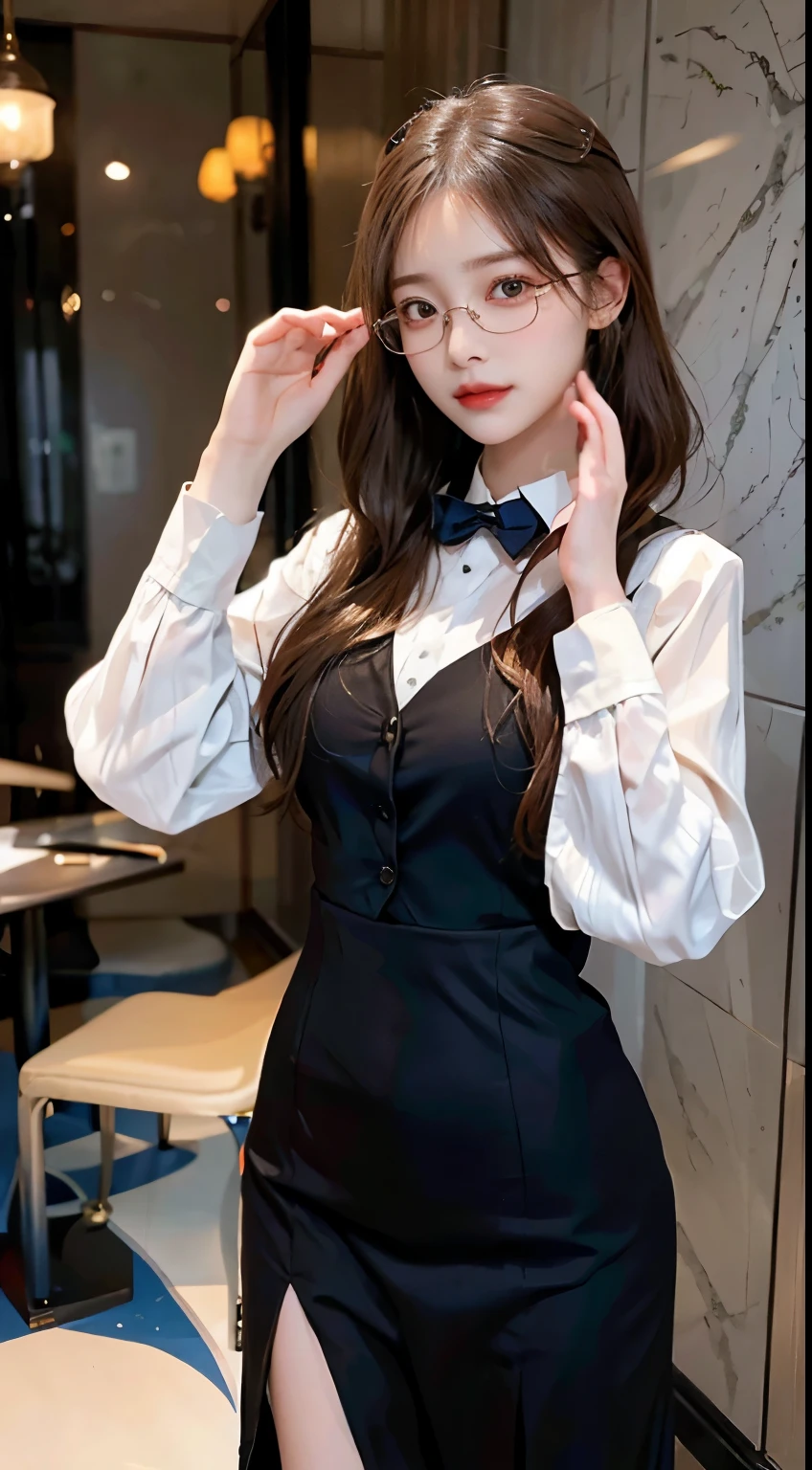 In a scholarly atmosphere, a woman embraces the charm of a glasses-wearing scholar. Her ensemble features modest yet stylish clothing, complemented by a pair of chic glasses that add an intellectual flair. With an air of intelligence and sophistication, she captures the timeless allure of a woman in a refined and tasteful outfit, showcasing the elegance of the glasses-wearing persona in a scholarly setting.