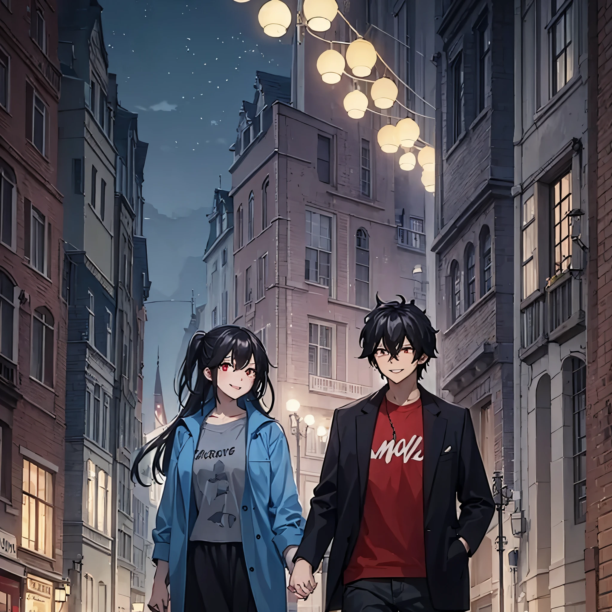 a man and a woman (red eye) holding hands, casual clothes, in a modern city at night, smiling