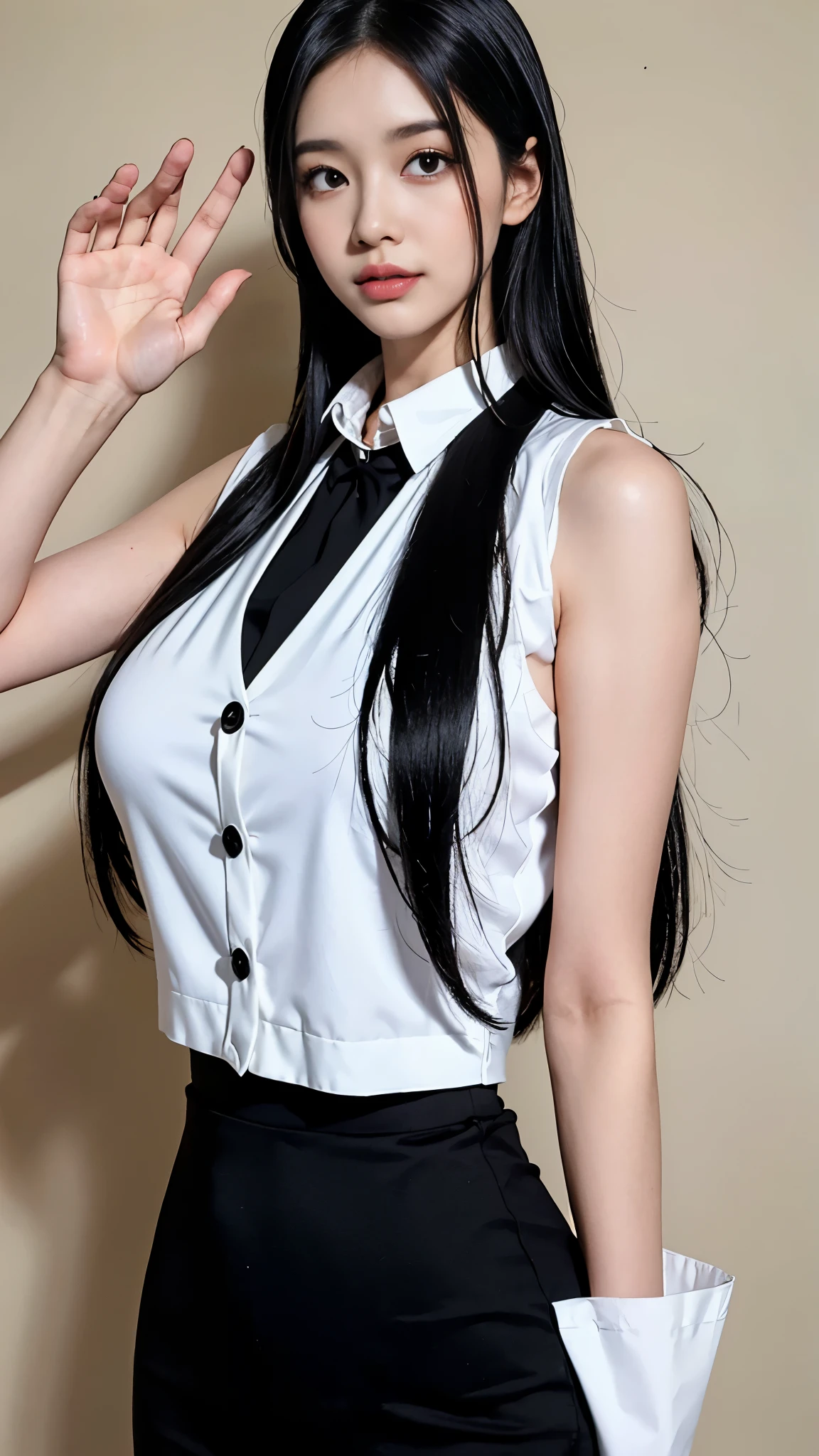 A picture of long black hair、Drawing of woman in white shirt, side breasts, Heavy gesture style closeup, Flat anime style shadow, full body illustration, Extra details, Wear a white vest, wearing a vest, Thick border line