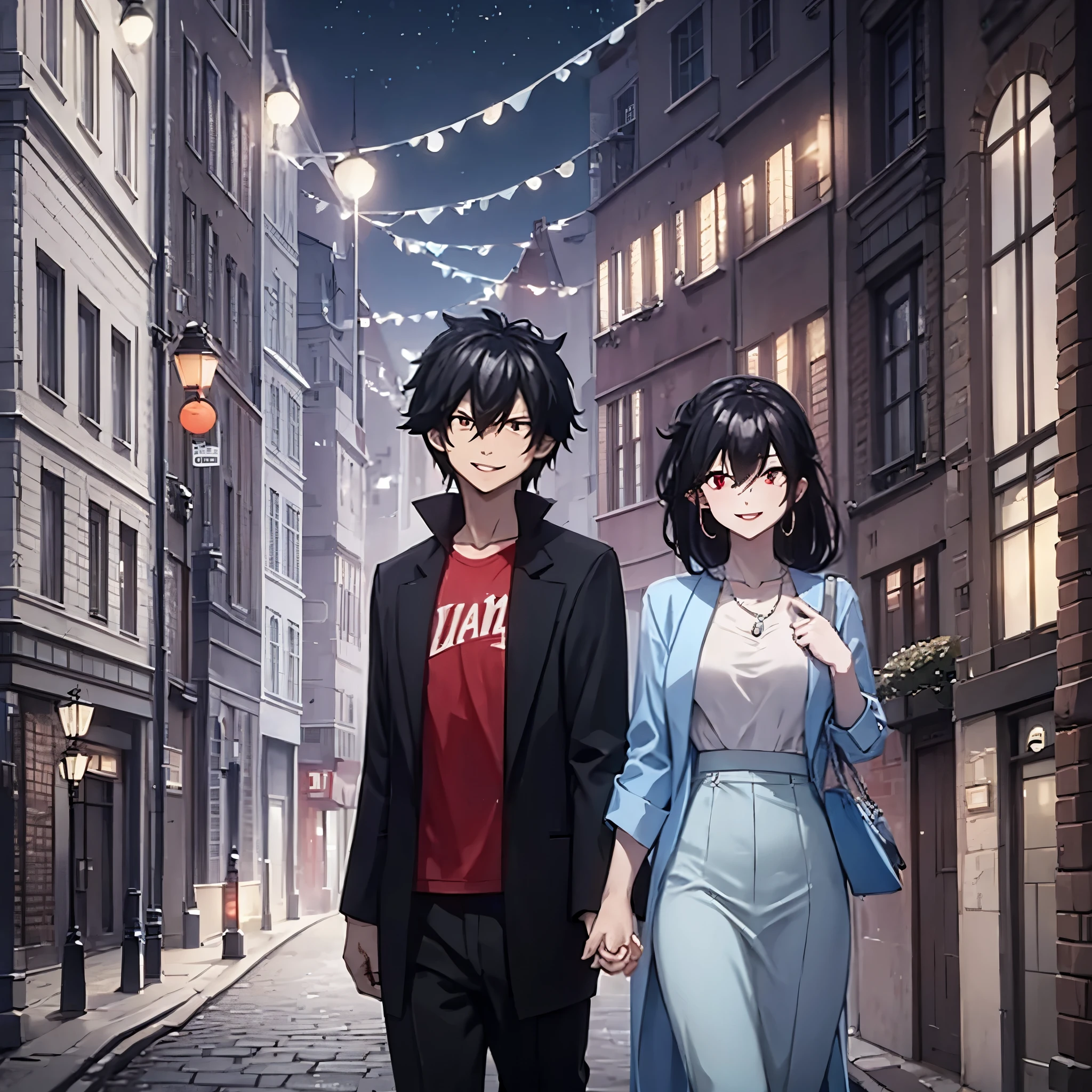 a man and a woman (red eye) holding hands, casual clothes, in a modern city at night, smiling
