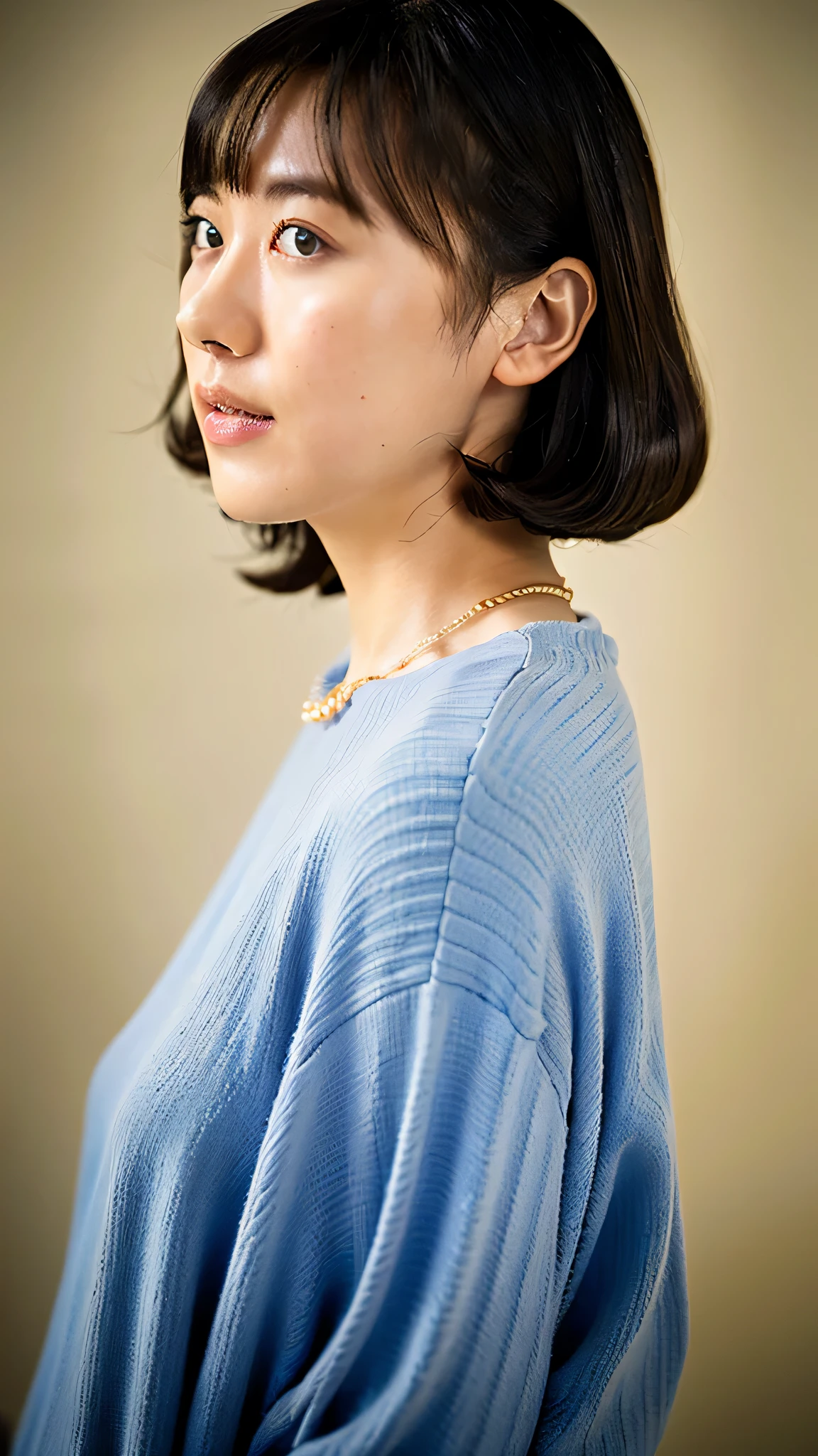 (highest quality, 8K, 32K, masterpiece, UHD: 1.2), photo beautiful Japanese woman, room, exquisite features, perfect figure, Curly shorthair, full body photo, extra large size_sweater, necklace, simple background, From above, looking at the viewer,