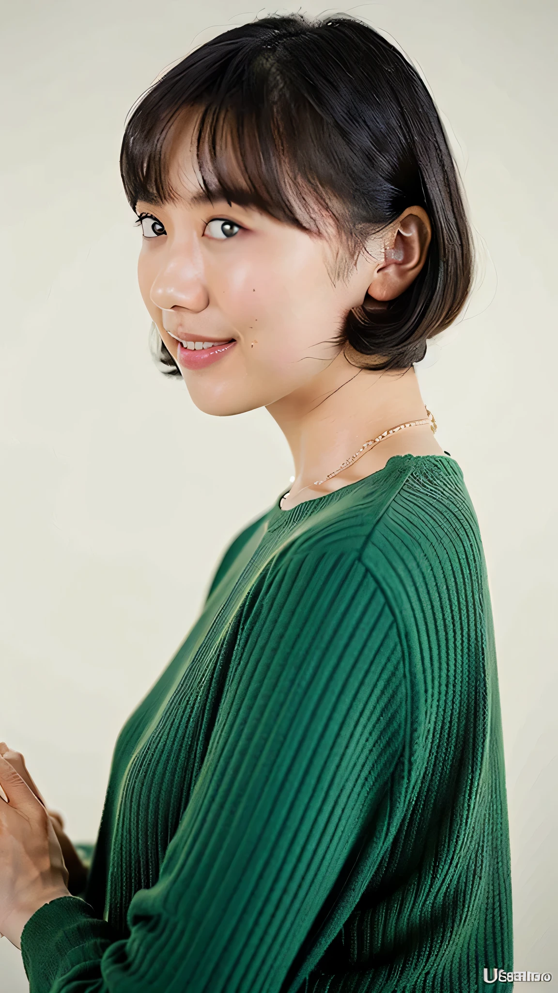 (highest quality, 8K, 32K, masterpiece, UHD: 1.2), photo beautiful Japanese woman, room, exquisite features, perfect figure, Curly shorthair, full body photo, extra large size_sweater, necklace, simple background, From above, looking at the viewer,