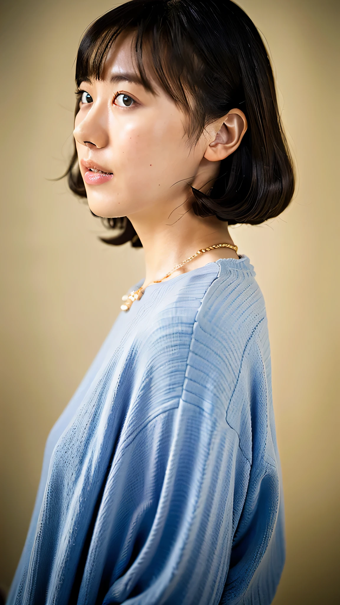 (highest quality, 8K, 32K, masterpiece, UHD: 1.2), photo beautiful Japanese woman, room, exquisite features, perfect figure, Curly shorthair, full body photo, extra large size_sweater, necklace, simple background, From above, looking at the viewer,