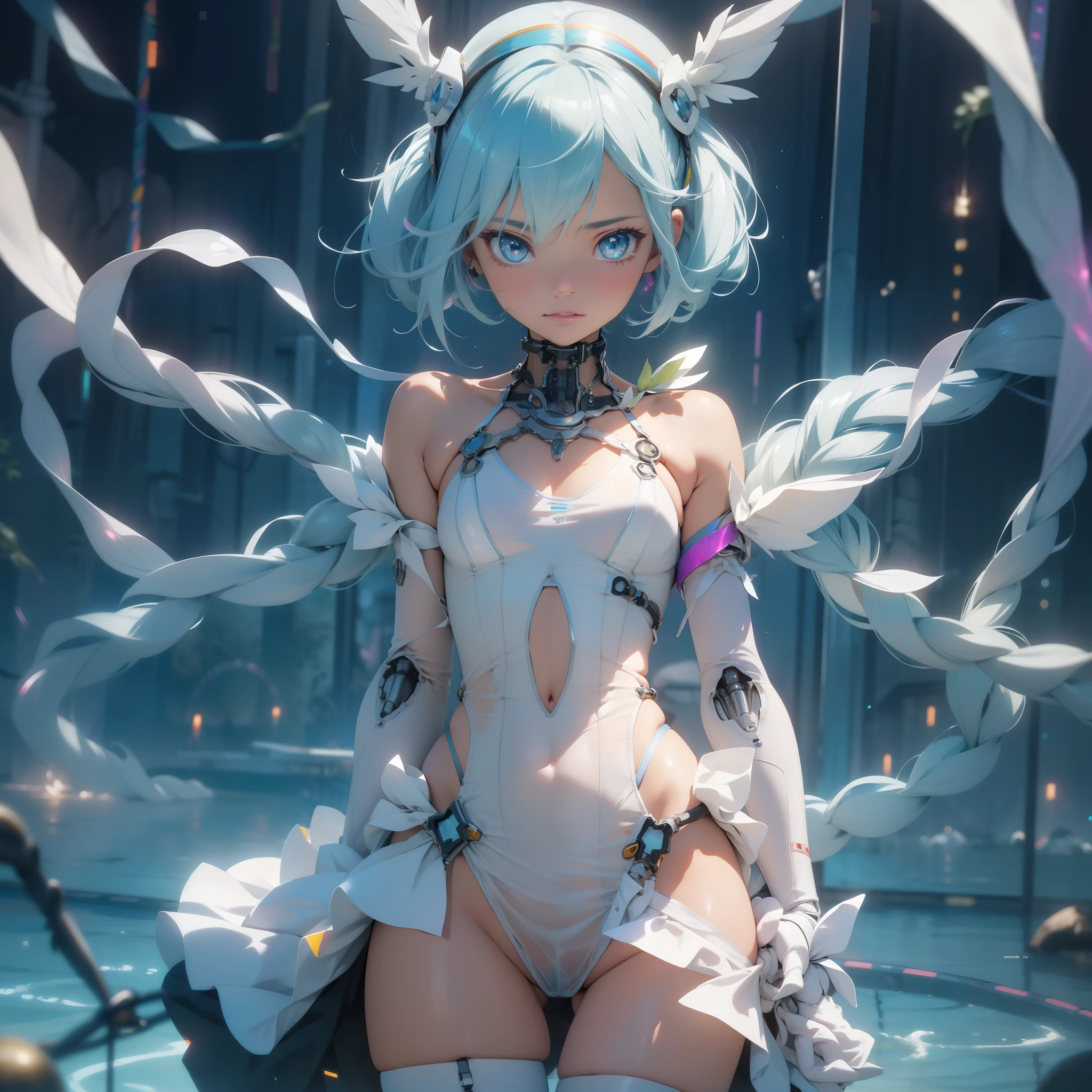 (quality)), ((masterpiece)), Recommended results、Puffy nipples、(see through:1.5)、straighten your back、abdominal muscles、huge bust、angle to floor:1.2、low camera angle、Hair loss on crotch,Hatsune Miku,super detailed)), (Very detailed的CG插画), ((extremely delicate and beautiful)),(1 white transparent mechanical girl)),alone,whole body,(Machine made joints:1.2),((mechanical limbs)),(Flashing blood vessel points connected to tubes),(Mechanical vertebrae attached to the back,with flowing glitter.),((Flowing rainbow fixed around neck)),perfect round face,(wires and cables attaching to neck:1.2),(Rainbow wires and cables on the head:1.2)(Character focus),,Very detailed,colorful,most detailed,white ceramic skin,