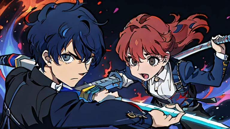 (masterpiece)), (best quality), (detailed), (high res), 8k, (colorful),high resolution, One Boy And A Girl Fighting With Swords, Emo Blue Haired Boy, Floating, Blue Flames, Angry Expression, Mouth Open, 1Boy, Emo Red Haired Girl, Pink Flames, Angry Expression, 2 People, Fighting With Swords, 1girl, Full Body, White Skin,