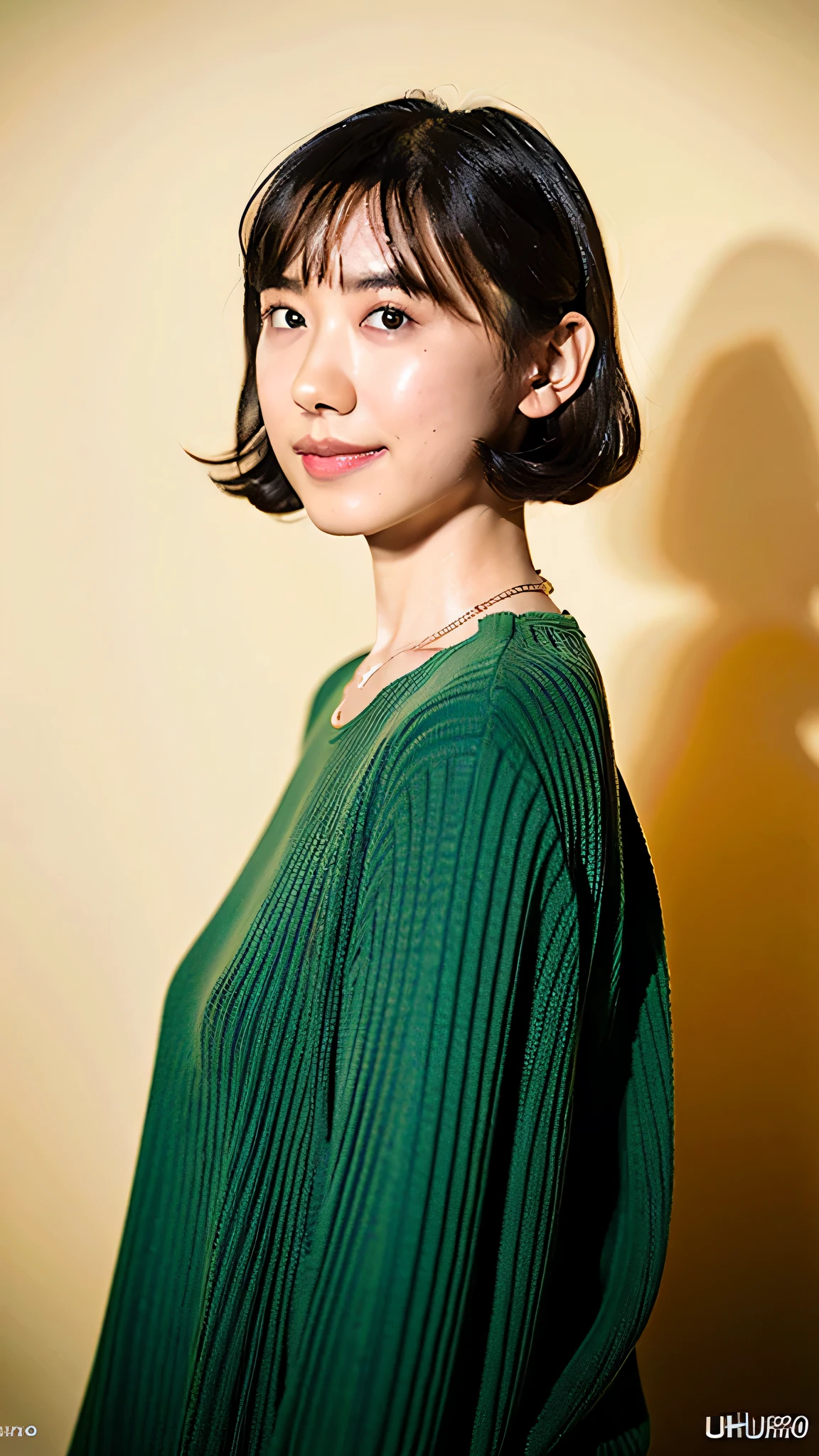 (highest quality, 8K, 32K, masterpiece, UHD: 1.2), photo beautiful Japanese woman, room, exquisite features, perfect figure, Curly shorthair, full body photo, extra large size_sweater, necklace, simple background, From above, looking at the viewer,
