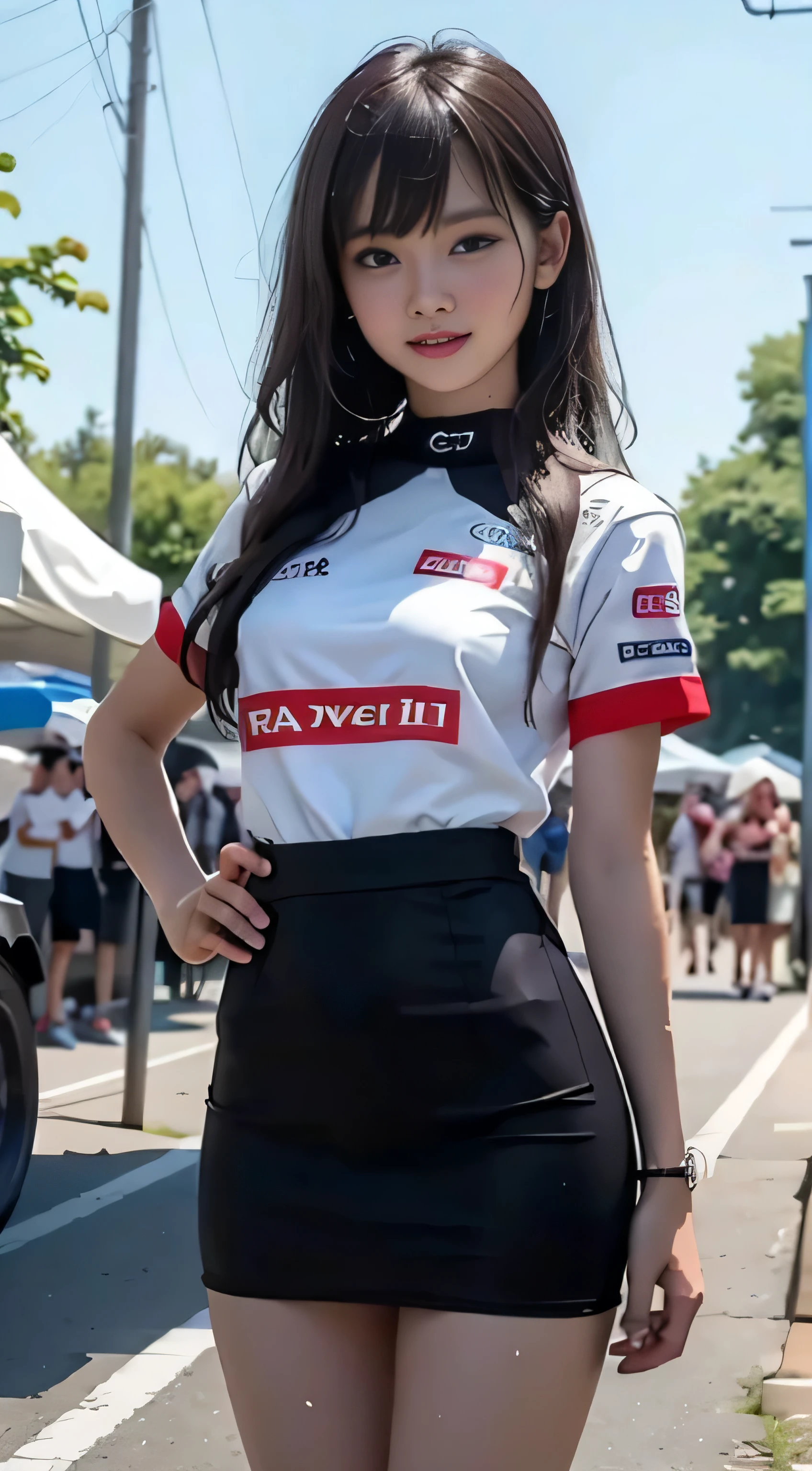 (RAW image quality:1.4)、8K resolution、1girI in、((top-quaIity)), ((masterpiece)), 、A smiIe、 Pitch Pichi suit、knee high、naughty face、 knee high、 woman、 shortcut、One Piece Checkered Mini Skirt、dress lift、I、lace queen、A sIender、 , master painting, best quaItiy, PhotoreaIsitic, uItra-detaiIIiert, (shiny skin, sweaty:1.4), look at the crowd, The point is, gray, brown eyes,sIender,dynamic Iight and shadow,hight resoIution,Depth of field of view,The eyes are deIicate,Sharp pupiIs,A sIender、(thick tight),outside the house,sky sky、Grid GirI, underboob, wear a grid_GirI costume printed with sponsor's Iogo, (stand in a motorsport race)+,, Ieft hand on waist
