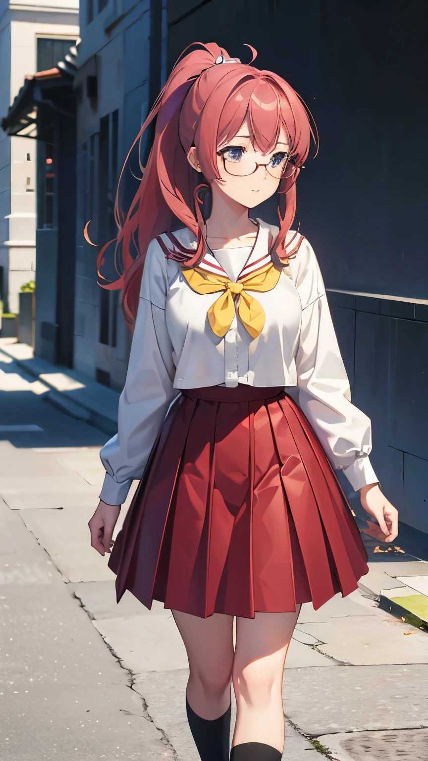 1girl, (masterpiece:1.3), (high resolution), (8K), (extremely detailed), (4k), (Kawakami mai), perfect face, nice eyes and face, (best quality), (super detailed), detailed face and eyes, (solo), textured skin, absurdres, highres, miewz, glasses, long hair, ponytail, serafuku, sailor collar,yellow neckerchief, white shirt, purple eyes, school uniform, red skirt, red hair, BREAK
walking, city, street, closed mouth,