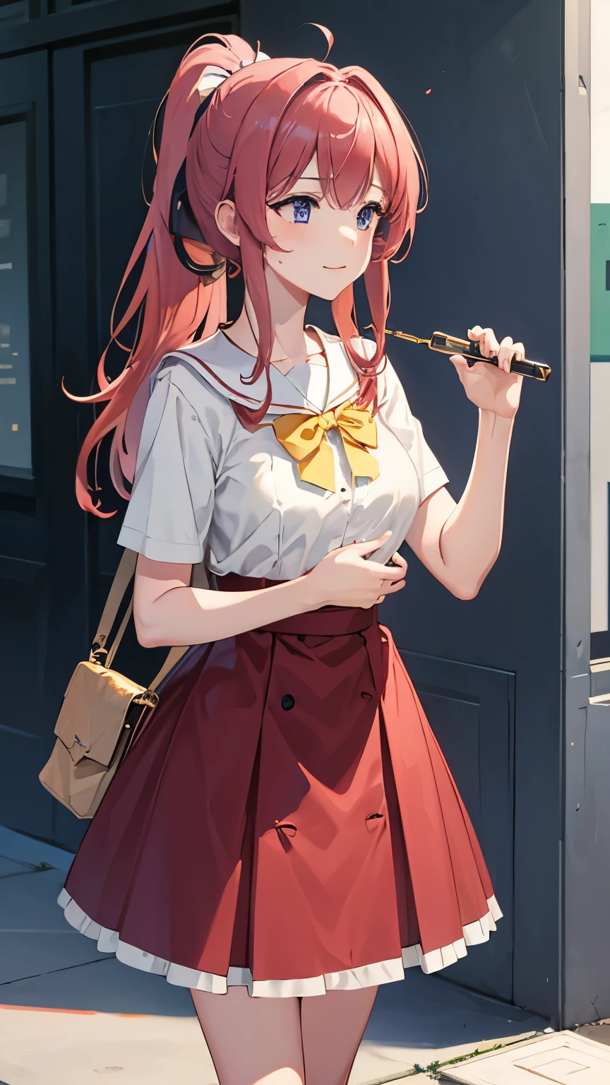 1girl, (masterpiece:1.3), (high resolution), (8K), (extremely detailed), (4k), (Kawakami mai), perfect face, nice eyes and face, (best quality), (super detailed), detailed face and eyes, (solo), textured skin, absurdres, highres, miewz, glasses, long hair, ponytail,  serafuku, sailor collar,yellow neckerchief, white shirt, purple eyes, school uniform, red skirt, red hair, BREAK
walking, city, street, closed mouth,