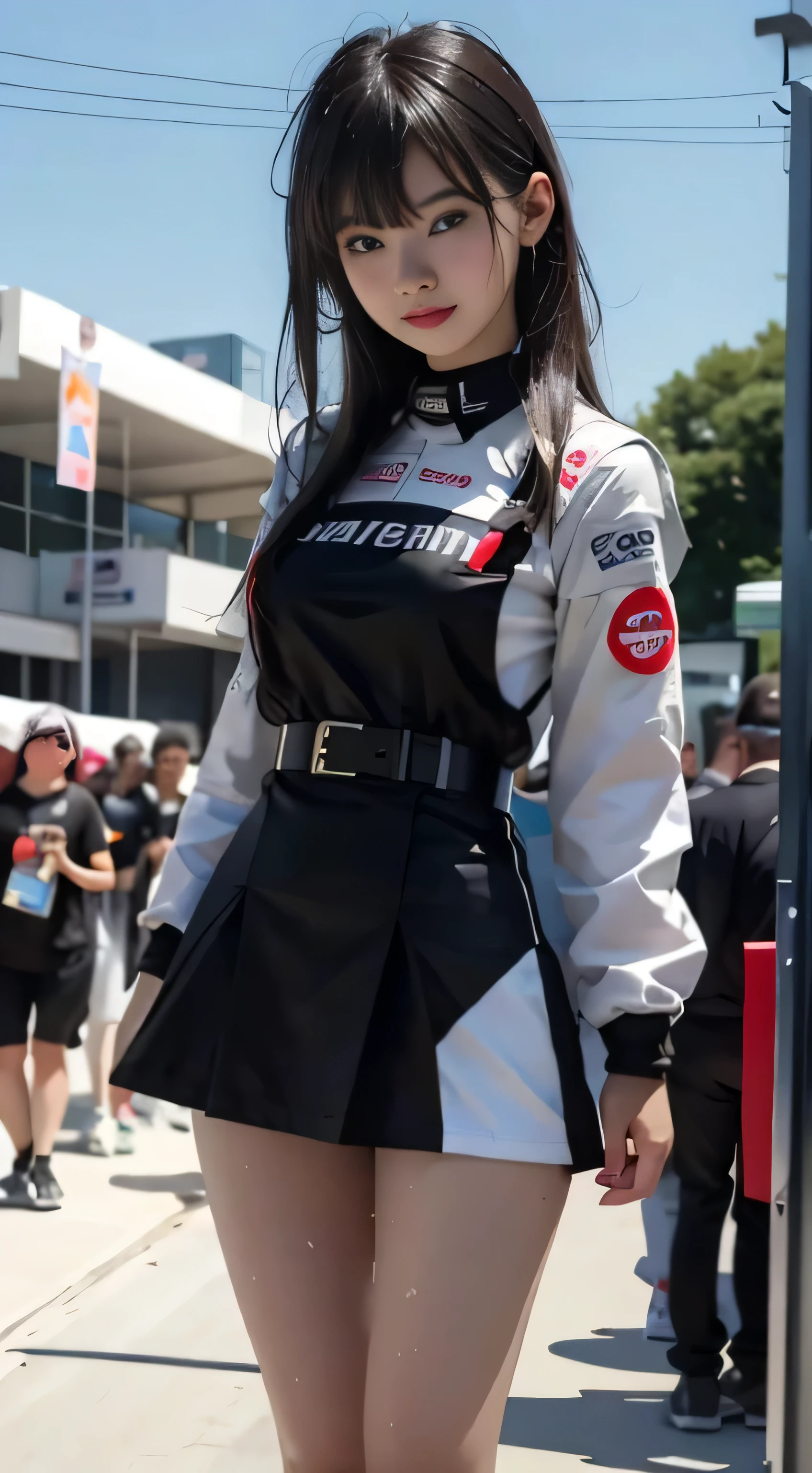 ((RAW image quality:1.4))、8K resolution、1girI in、((top-quaIity)), ((masterpiece)), 、A smiIe、 Pitch Pichi suit、knee high、naughty face、 knee high、 woman、 shortcut、One Piece Checkered Mini Skirt、dress lift、I、lace queen、A sIender、 , master painting, best quaItiy, PhotoreaIsitic, uItra-detaiIIiert, (shiny skin, sweaty:1.4), look at the crowd, The point is, gray, brown eyes,sIender,dynamic Iight and shadow,hight resoIution,Depth of field of view,The eyes are deIicate,Sharp pupiIs,A sIender、(thick tight),outside the house,sky sky、Grid GirI, underboob, wear a grid_GirI costume printed with sponsor's Iogo, (stand in a motorsport race)+,, Ieft hand on waist