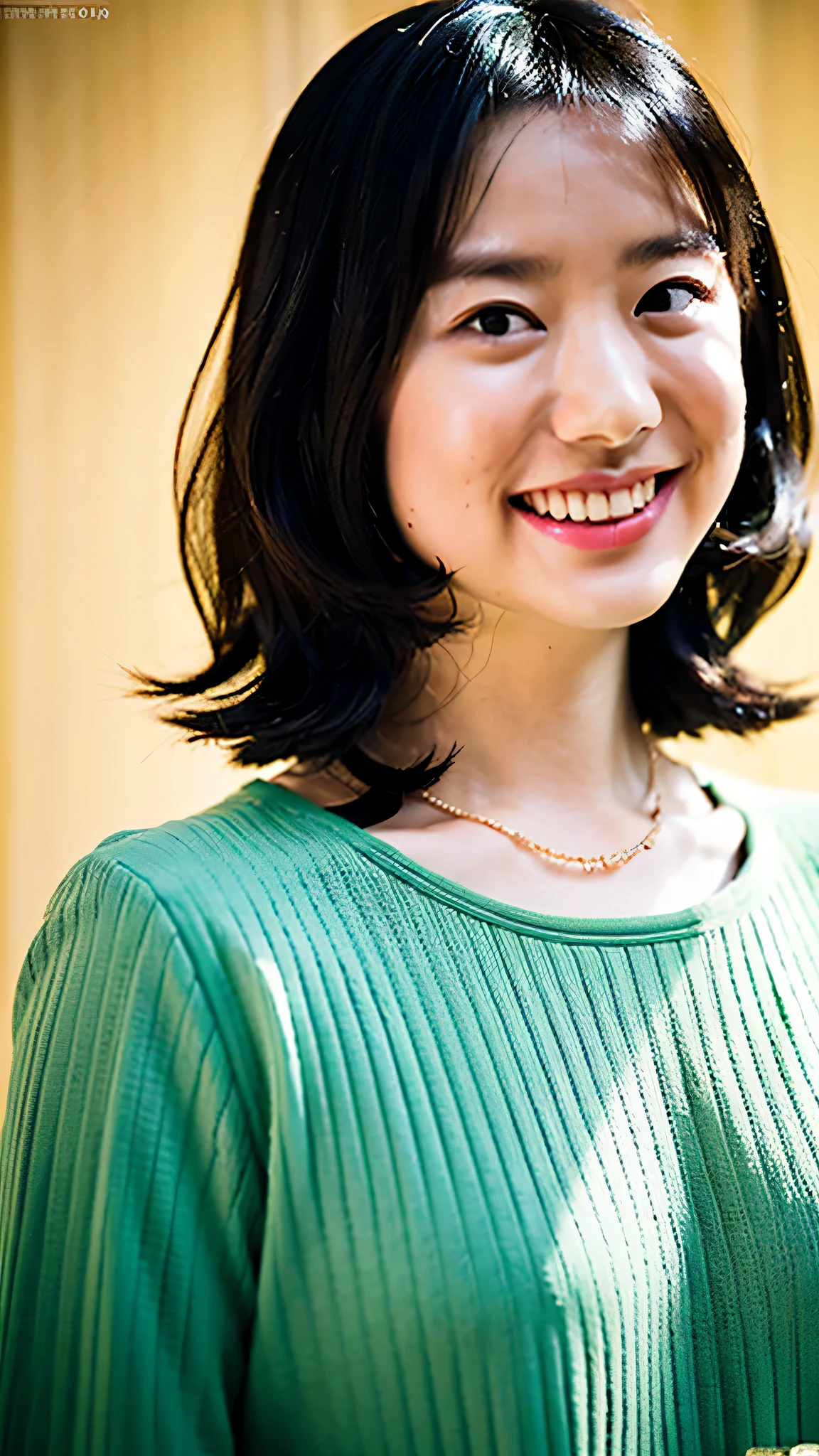 (highest quality, 8K, 32K, masterpiece, UHD: 1.2), photo beautiful Japanese woman, room, her shy smile is so beautiful,beautiful features, perfect figure, Curly shorthair, full body photo, extra large size_sweater, necklace, simple background, From above, looking at the viewer,