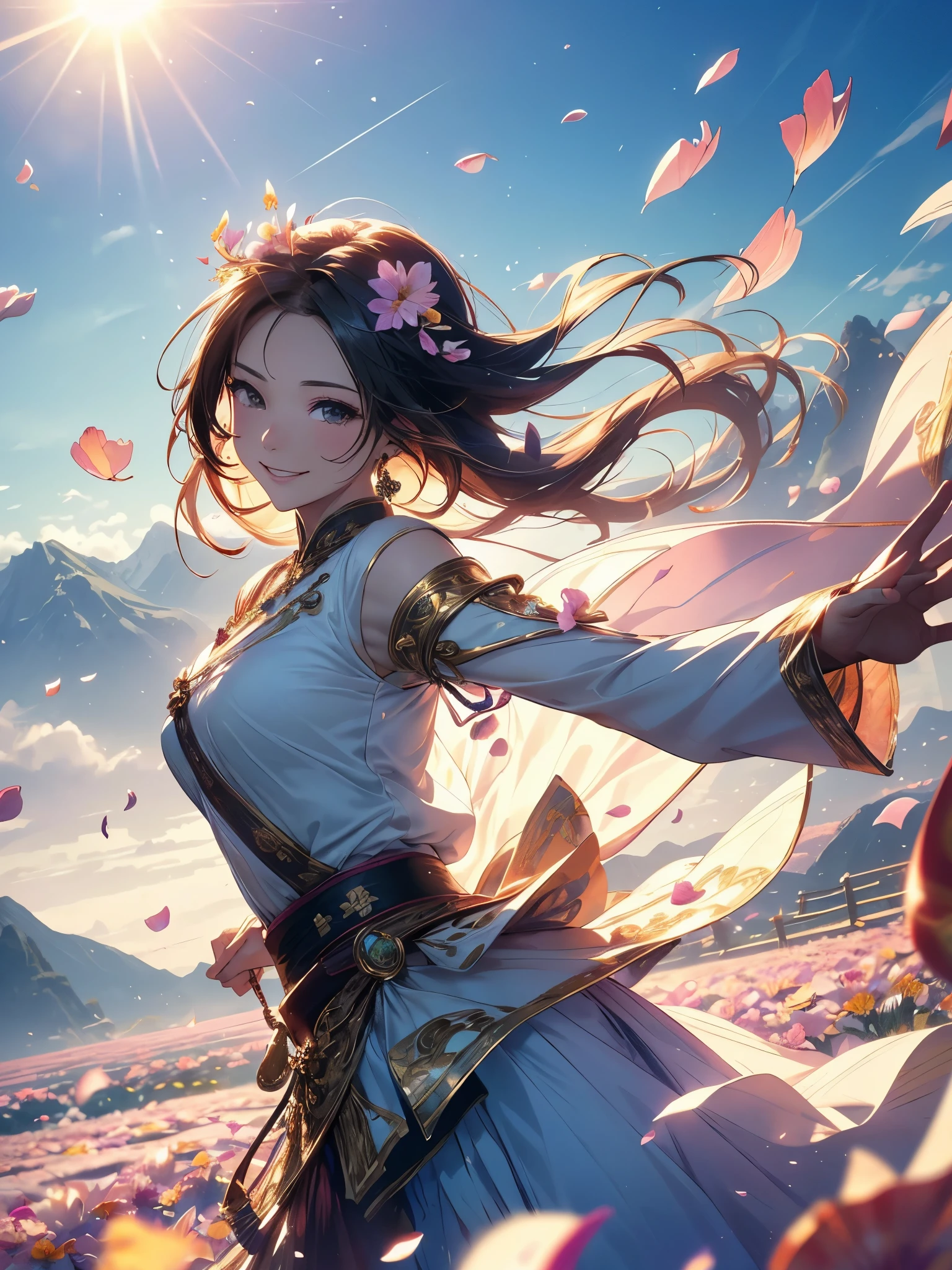 8K、Best Quality, master piece,high resolution,Well-defined contours,(Colorful petals dance:1.5)、(fantasy:1.5)、(woman is flying:1.5)、west、blouse、skirt、long shoot、Sky and mountain background、Abstract、fractacle art,art,more petals、More gorgeous、colorful and vivid scene、perfect face,smiling、Hair in the wind、beautiful hands、beautiful fingers、,sunlight,cinematic lighting,