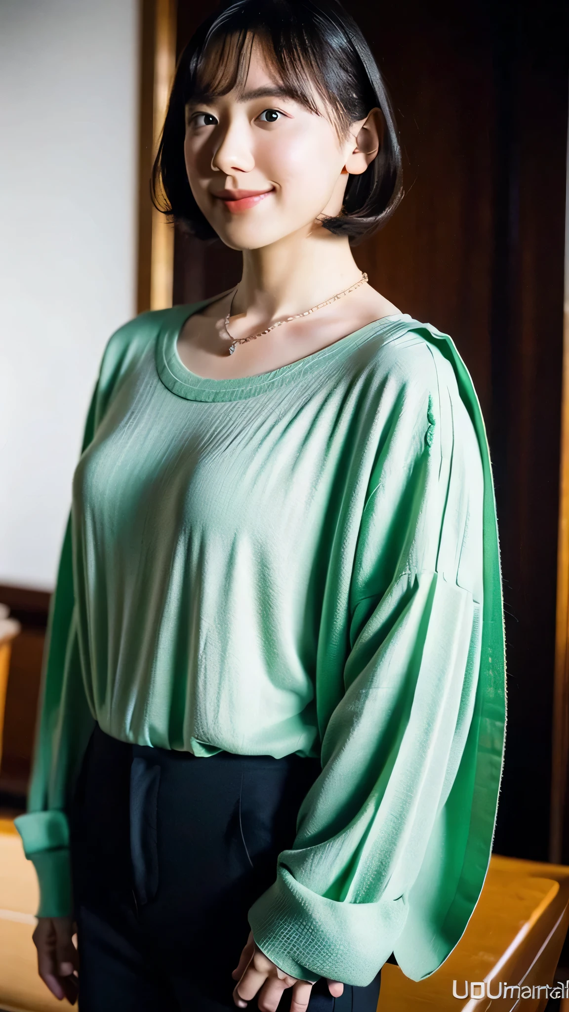 (highest quality, 8K, 32K, masterpiece, UHD: 1.2), photo beautiful Japanese woman, room, exquisite features, perfect figure, Curly shorthair, full body photo, extra large size_sweater, necklace, simple background, From above, looking at the viewer,