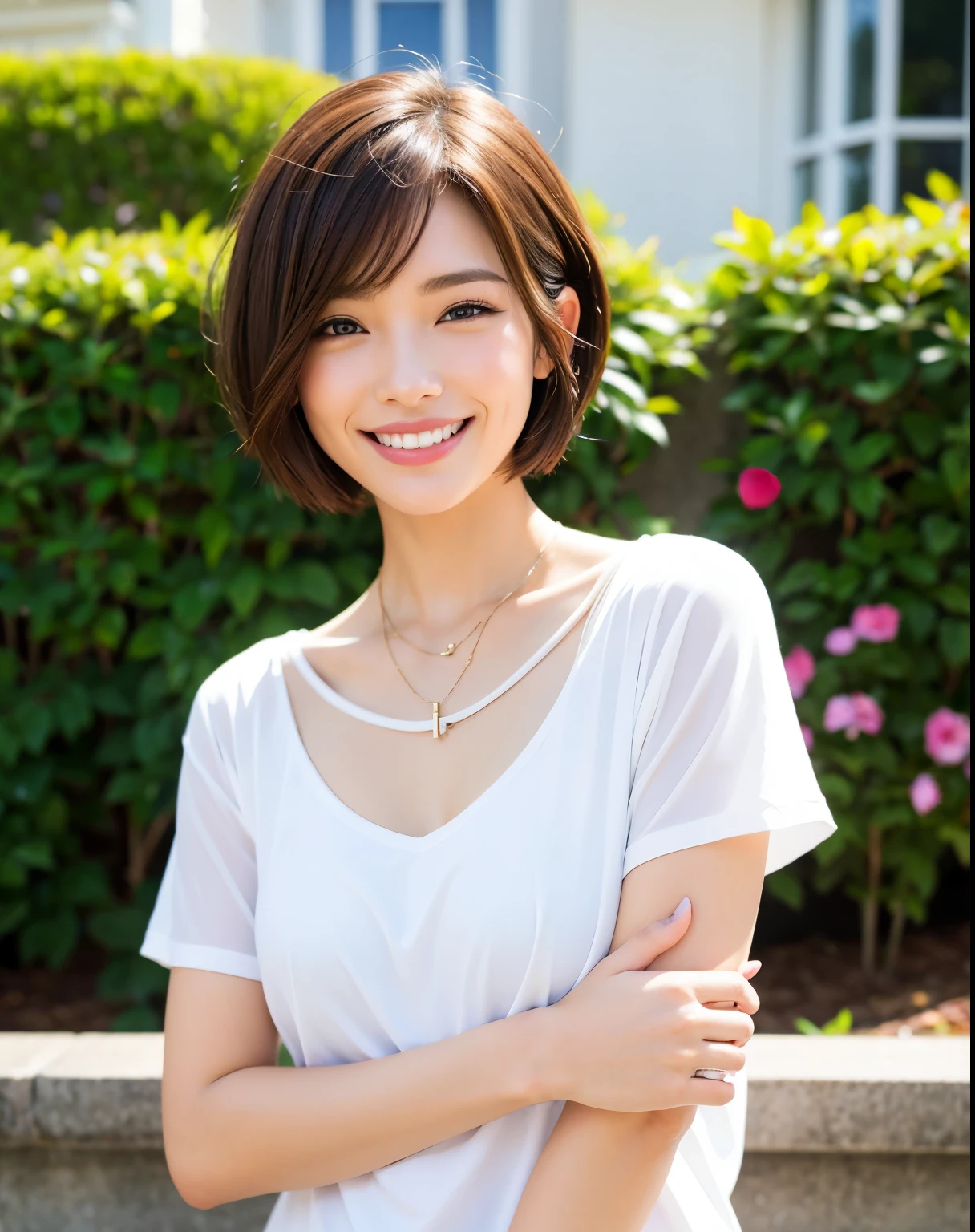 Best Quality, Face Focus, Soft light, (depth of fields) ,超A high resolution, (Photorealistic:1.4), Raw photo, Bedroom, (upper thigh:1.4), 1 girl, Solo, Cute, Neat and clean beauty, (Shy, Smile:1.1), (Brown eyes), Natural face, (Short hair), (sit a chair)