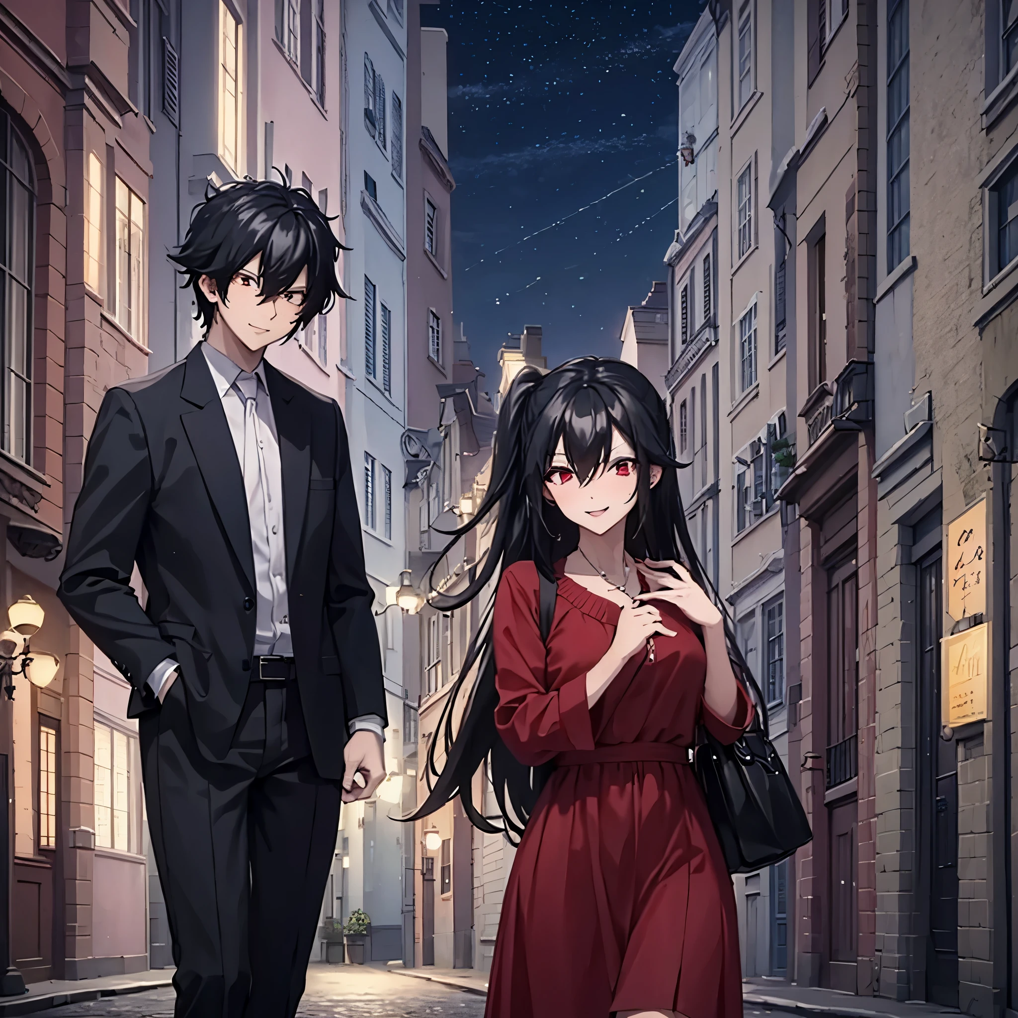 a man and a woman (red eye) Kissing casual clothes, in a modern city at night, smiling
