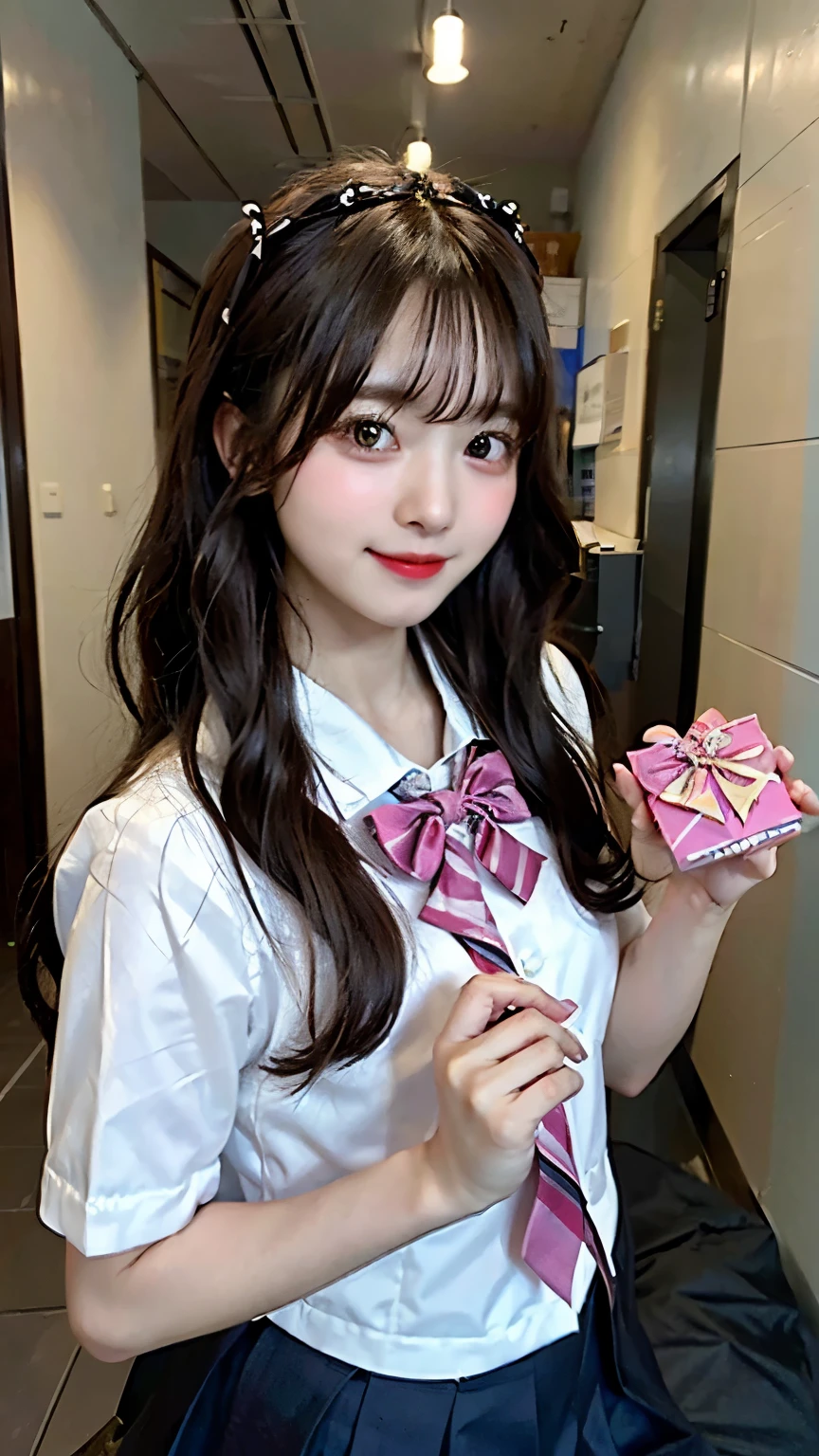 cute japanese girl (18-year-old) She is wearing a high school uniform and a pink miniskirt.。、holding valentine chocolate in both hands