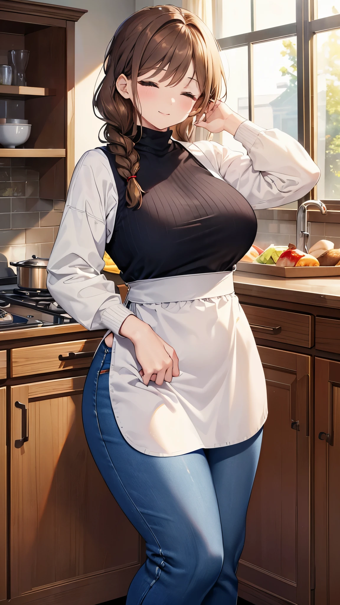 (8K、best image quality、highest quality、masterpiece)、detailed face、1 mature female、brown hair、((Single Braid))、closed eyes、smile、very big breasts、turtleneck white sweater、apron、denim、long pants、curvy、wide hips、cowboy shot、kitchen background