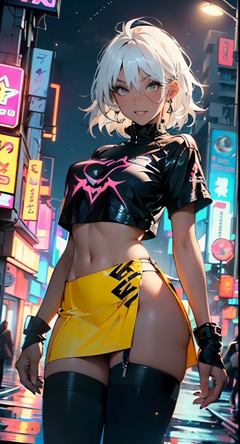dark skin,very dark skin,dark_skin,
girl rave,(((1girl))),((anime girl with extremely cute and beautiful white hair walking seductively down the street)),
(large breasts:1.4),saggy breasts,(((white hair:1.35,straight hair,long hair:1.4,colored inner hair,ear breathing))),((very light yellow eyes:1.3,upturned eyes:1.3,perfect eyes,beautiful detailed eyes,gradient eyes:1,finely detailed beautiful eyes:1,symmetrical eyes:1,big highlight on eyes:1.2)),((fat)),((((black girl,black skin,dark-skinned_female,dark skin:1.3,ebony skin,lustrous skin:1.5,bright skin: 1.5,shiny skin,very shiny skin,shiny body,plastic glitter skin,exaggerated shiny skin,shiny skin like ebony))),(spider lower abdomen,narrow waist,wide hip,athletic body,inflated legs,delicate detailed fingers,detailed body,detailed arms,human hands,(detailed face)),glowing skin,shiny eyes with reflexion,splashing,ultra shiny hairs, neon hairs,hologram body
cute,slutty,seductive,erotic,(((nsfw))),
zettai ryouiki,revealing clothing,show skin,((rave shirt with an yellow print,rave mini-skirt,visible thong straps)),(wearing a rave outfit:1.3,rave clothes,semi-naked,with little clothing,),(detailed outfit,detailed clothes),glowing clothes,
(dynamic pose:1.0),solo focus,((mischievous smile)),centered,scale to fit dimensions,Rule of thirds,
outdoors,((night view)),(very pretty city neon synthwave,cyberpunk night street Background:1.5,dark sky,thick clouds),future vehicles,((neon lights)),thick clouds,(cyberpunk style,neon lights, (synthwave theme background), lonely street),(((detailed background:1.25))),
(best quality),(high resolution),(sharp focus),(ultra detailed),(extremely detailed),(extremely high quality artwork),8k_wallpaper,(extremely detailed CG 8k),(very fine 8K CG),((hyper super ultra detailed perfect piece)),flawless,(((masterpiece))),illustration,vibrant colors,(intricate),High contrast,Selective lighting,Double exposure,HDR (High Dynamic Range),Post-processing,Background blur,