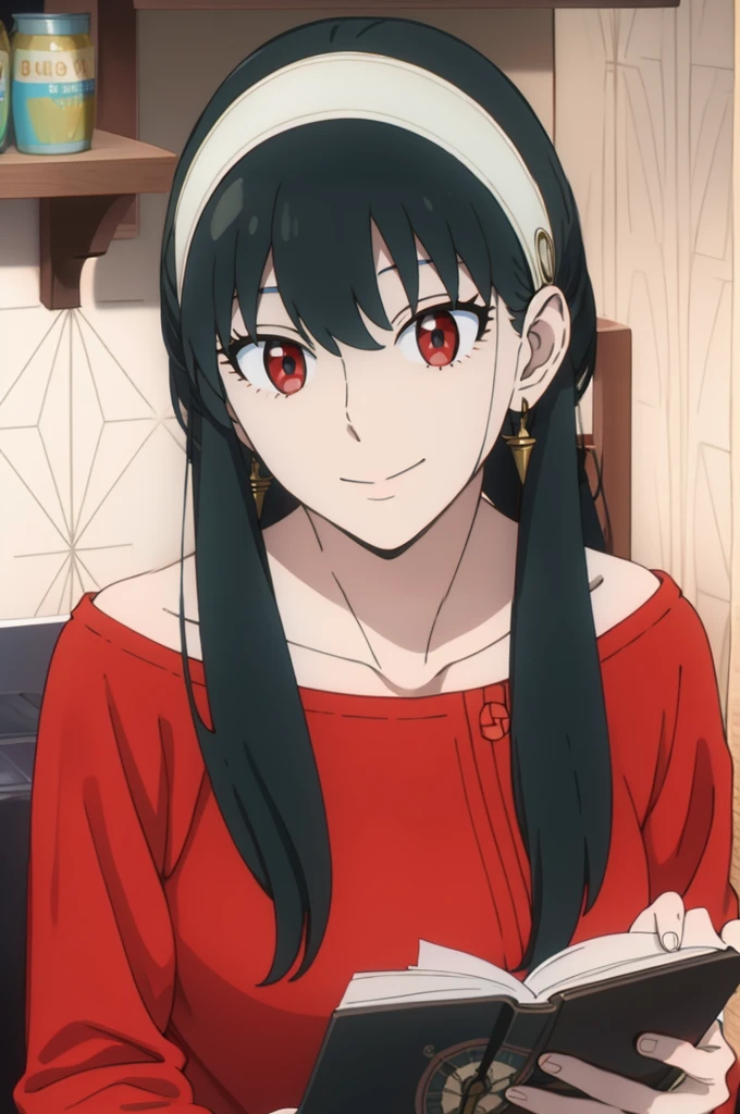 { - anatomy error} (Masterpiece, Best Quality) (masterpiece:1.4),(best quality:1.4) best quality, masterpiece, highres, solo, {yor_briar_spyxfamily:1.15}, black_hair, hairband, red eyes, sidelocks, white_hairband, jewelry, earrings, bangs, long_hair, 1girl, collarbone, closed_mouth, red_sweater, sweater, reading, writing, dinamic poses, looking at camera, smile
