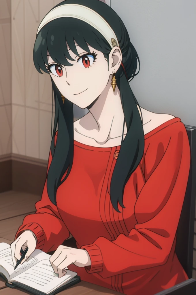 { - anatomy error} (Masterpiece, Best Quality) (masterpiece:1.4),(best quality:1.4) best quality, masterpiece, highres, solo, {yor_briar_spyxfamily:1.15}, black_hair, hairband, red eyes, sidelocks, white_hairband, jewelry, earrings, bangs, long_hair, 1girl, collarbone, closed_mouth, red_sweater, sweater, reading, writing, dinamic poses, looking at camera, smile