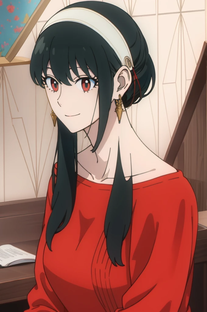 { - anatomy error} (Masterpiece, Best Quality) (masterpiece:1.4),(best quality:1.4) best quality, masterpiece, highres, solo, {yor_briar_spyxfamily:1.15}, black_hair, hairband, red eyes, sidelocks, white_hairband, jewelry, earrings, bangs, long_hair, 1girl, collarbone, closed_mouth, red_sweater, sweater,

