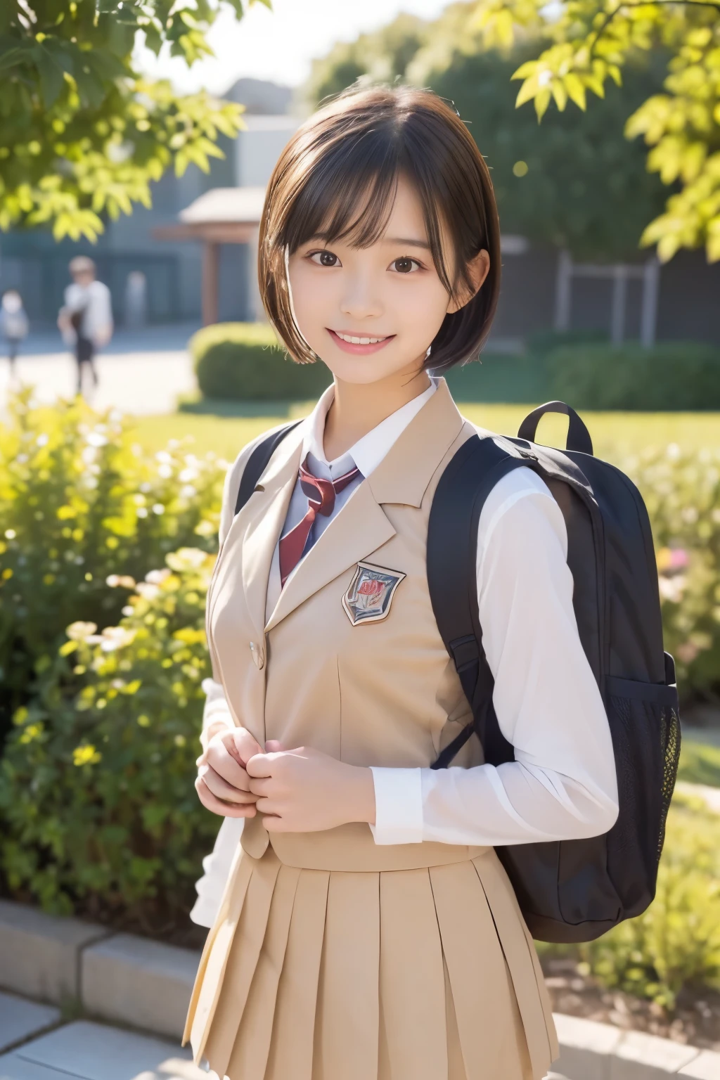 (((masterpiece，8K，highest quality, very detailed)))，Coming running，(one beautiful girl，innocence，cute)，((baby face、Childish，cute10歳の美少女))，Real Gravure Idol，super detailed face、detailed lips、detailed eye、enjoying，((boyish short hair:1.37))，((brown long sleeve blazer, Red Neck Ribbon，light brown pleated mini skirt，Japanese high school uniform with the school emblem on the chest))，Joyful，Excited，rosy cheeks，cozy atmosphere，magic moment，happy memories，love and laughter，small breasts，small ass，slender body shape，low length，A smile that makes you want to hug me，warm air，anatomically accurate，movie lighting，Love overflows，I like you，Natural light，autumn scenery，Beautiful autumn leaves，blue and high sky，Feeling of sprinting，Pose with movement