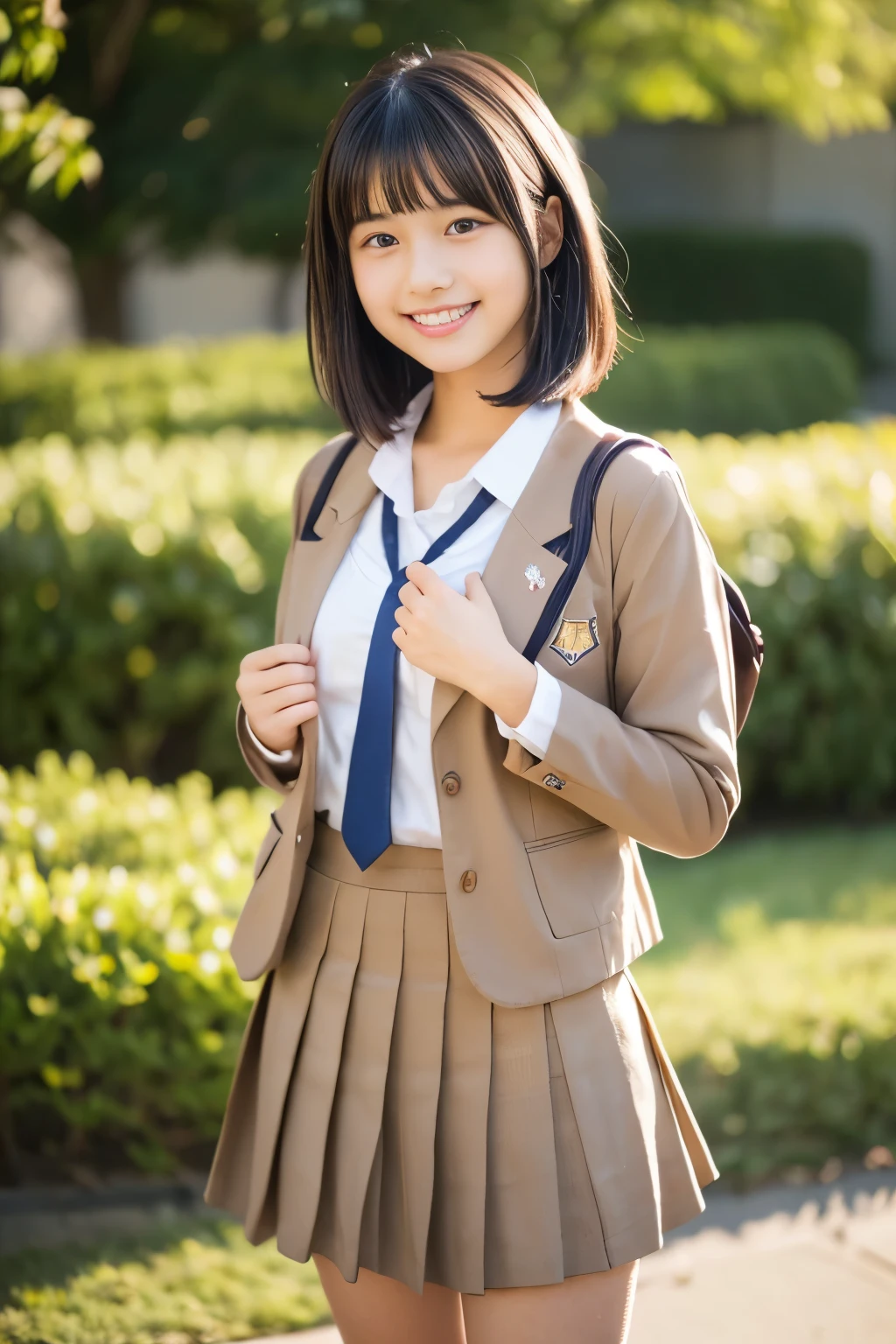 (((masterpiece，8K，highest quality, very detailed)))，Coming running，(one beautiful girl，innocence，cute)，((baby face、Childish，cute10歳の美少女))，Real Gravure Idol，super detailed face、detailed lips、detailed eye、enjoying，((boyish short hair:1.37))，((brown long sleeve blazer, Red Neck Ribbon，light brown pleated mini skirt，Japanese high school uniform with the school emblem on the chest))，Joyful，Excited，rosy cheeks，cozy atmosphere，magic moment，happy memories，love and laughter，small breasts，small ass，slender body shape，low length，A smile that makes you want to hug me，warm air，anatomically accurate，movie lighting，Love overflows，I like you，Natural light，autumn scenery，Beautiful autumn leaves，blue and high sky，Feeling of sprinting，Pose with movement