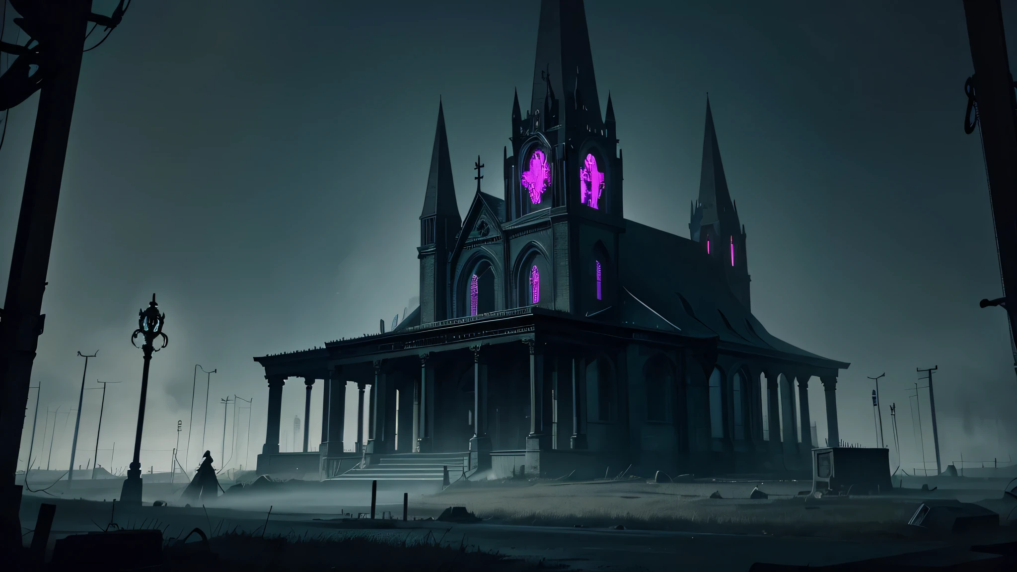 goth church, dark place, fog, cyber horror, digital horror, heavy goth, cyberpunk, neon