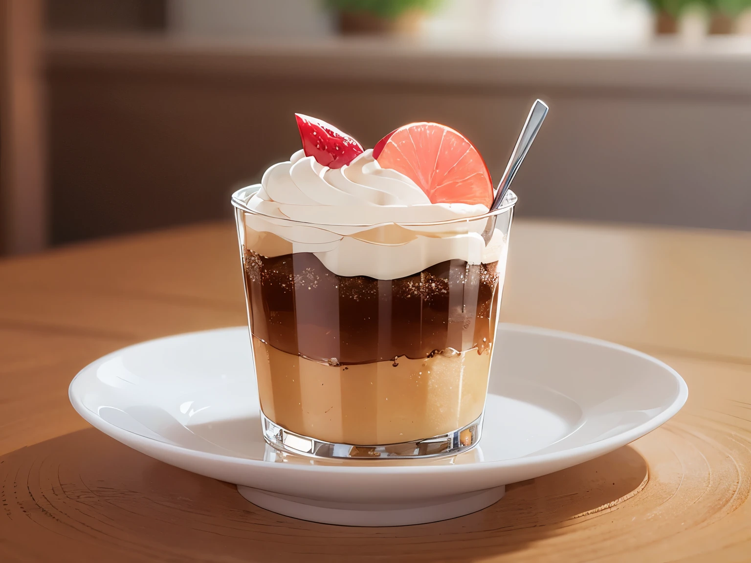 parfait、table、The background is a café