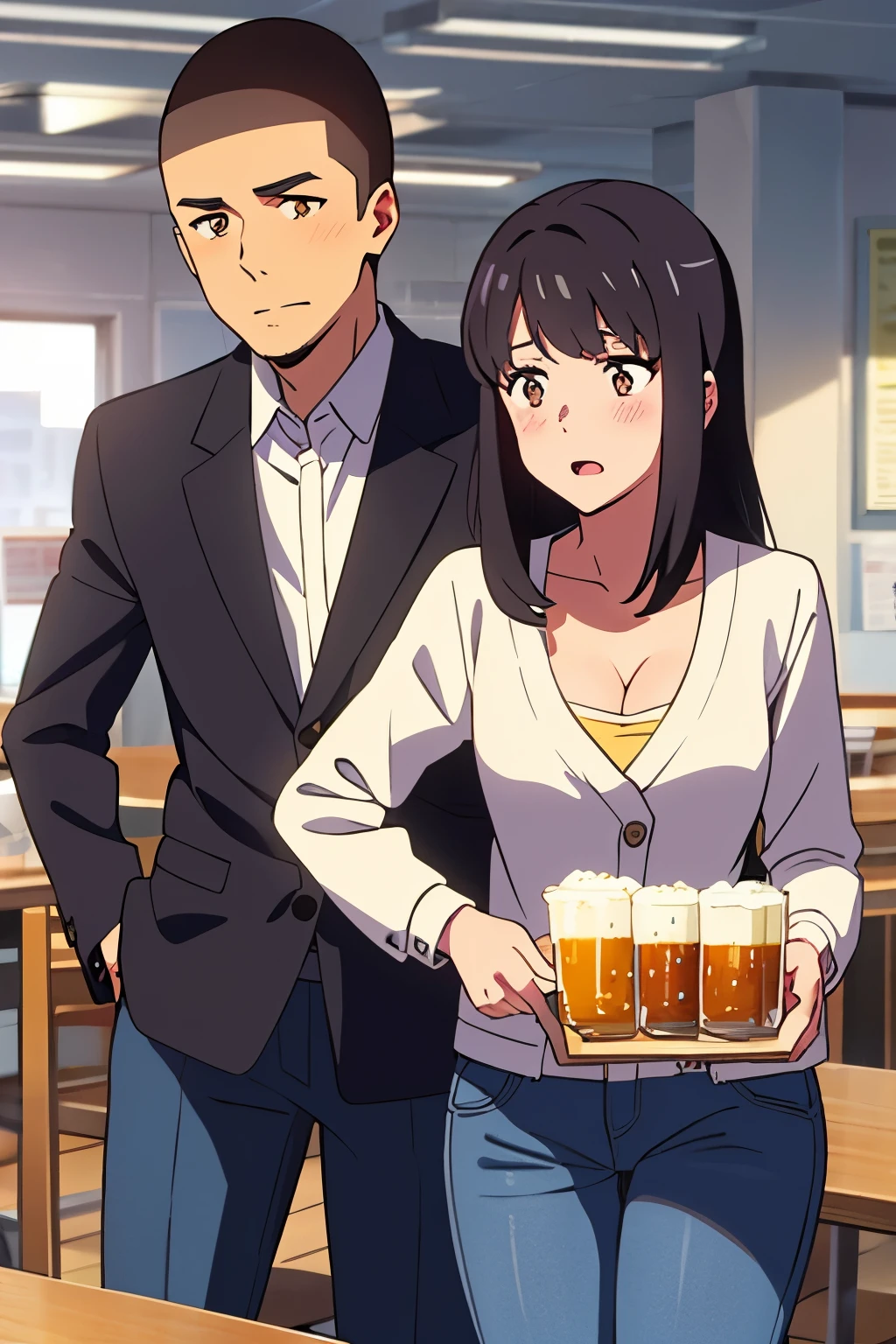 shinkai makoto, kimi no na wa., 1boy, buzzcut, office attire, boy's arms placed over girl's shoulder, drunk, boy sit beside girl, 1girl, bangs, black hair, brown eyes, open mouth, blush, twisted half up, red ribbon, long hair, long sleeve light yellow cardigan, open shirt, white shirt, cleavage, breast, medium breast, blue pants, drinking party,nomikai, table, food drinks, beer, indoors, masterpiece, perfect anatomy, cowboyshot,