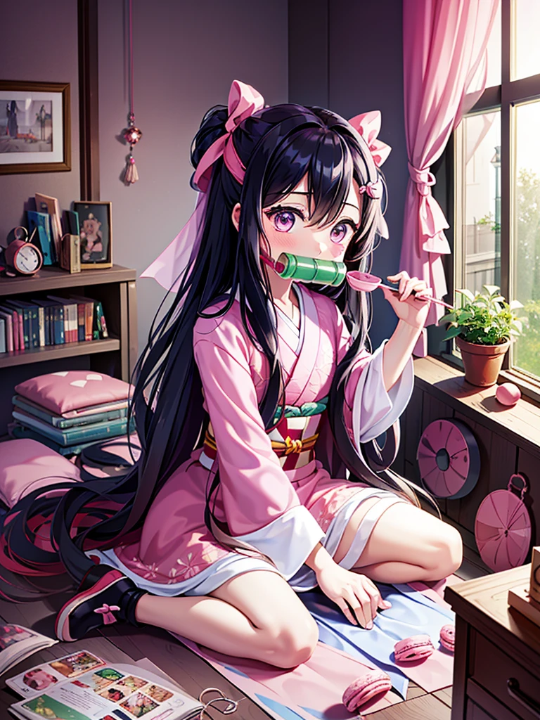 1girl (masterpiece) (highest quality) (shiny hair) (shiny skin), kamado nezuko, demon slayer style, black hair, forehead, hair ribbon, kimono, long hair, multicolored hair, pink eyes, pink kimono, pink ribbon, ribbon, very long hair, gagged, bit gag, (5 years old, : 1.2) (pink cute room), (pink gothic room), (messy room, fairy tale, Macarons, candy, heart items, ribbons, star items, small windows, (sundries are placed in a mess), dresser, anti-makassar, wariza, sitting, squatting, kneeling, between the legs