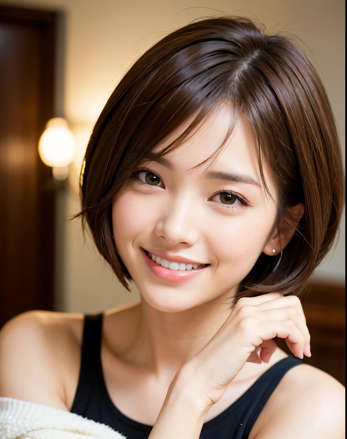 Short hair, uneven tips, very short hair, smile, brown hair