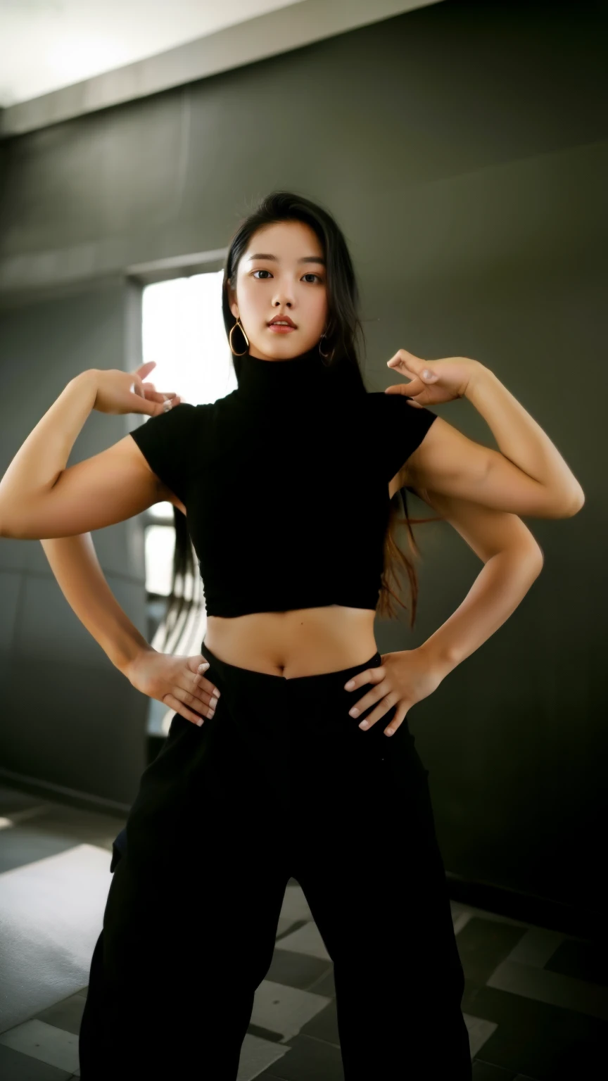 1head, Additional weapons, A woman posing for a photo,, curvy arms, long hair, black hair, have, incredibly beautiful, very beautiful, arms aside, 4 arms!, curvy arms, multiple arms, Armpit and shoulder fusion, normal hand, slender figure, same face, 21 years old, Upper body shot, Korean
