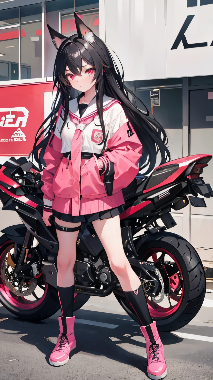  girl,long hair,Black hair with pink highlights,Don't tie your hair.,Japanese school uniform,black boots,bright pink eyes,tan skin,Big bike,Ducati Superbike, Ducati,Load the motorcycle