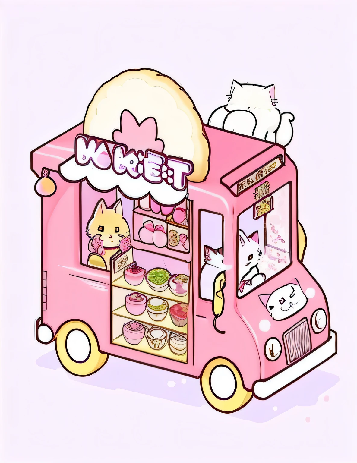 illustration of a pink food LKW with a cat inside of it, Kawaii aesthetics, cute piece of art, Japanischer Kawaii-Stil, ❤🔥🍄🌪, Niedlicher Cartoon, Krapfen, sweet colorful enchanting, Niedliche Illustration, Niedlicher Cartoon style, Kawaii japanischer Stil, kawaii niedlichster aufkleber aller zeiten, Eis! Creme! LKW!, Niedliche digitale Kunst, cute art style, kawaii