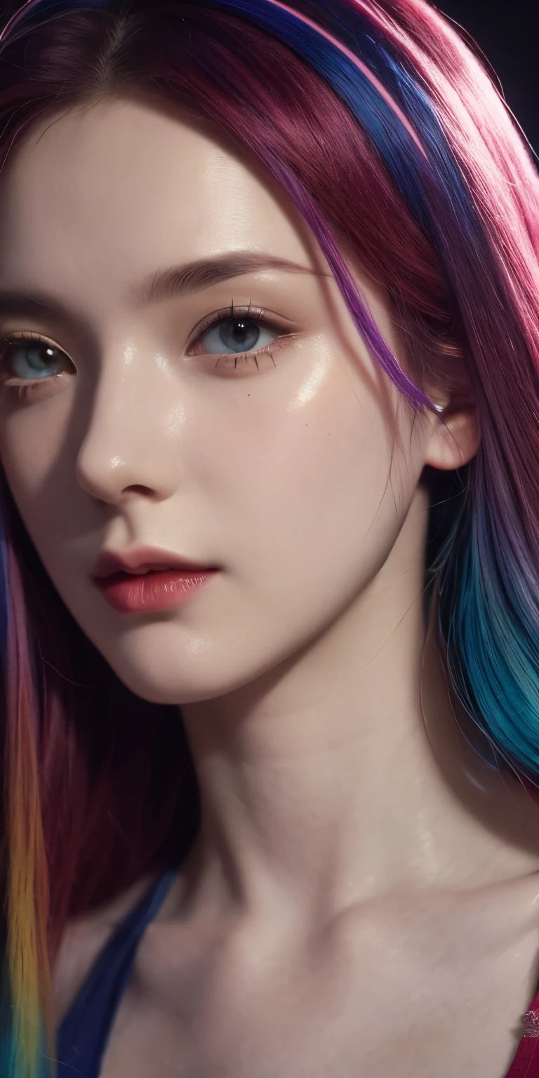 multicolored hair, hair ribbon, Surrealism, cinematic lighting, close-up, UHD, high details, masterpiece
