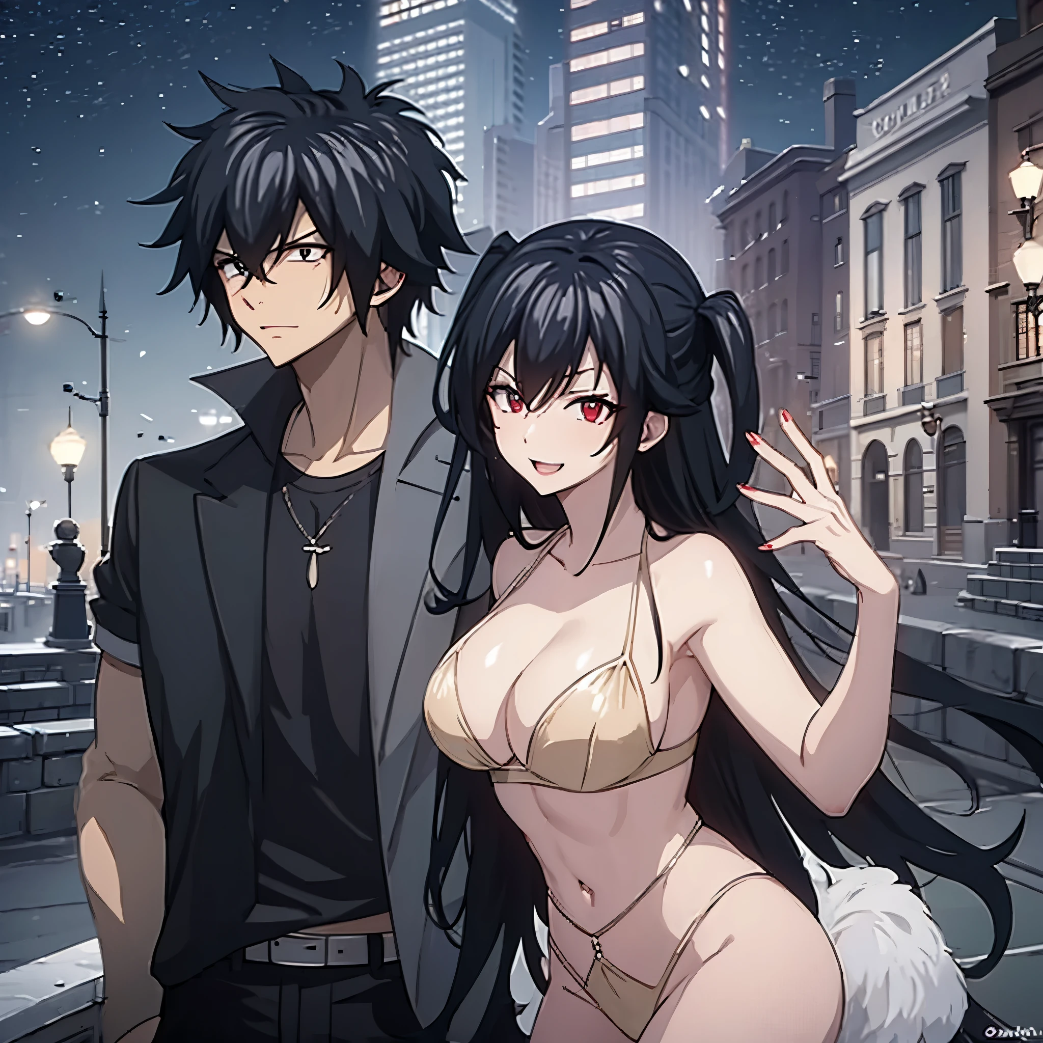 a man and a woman (red eye) Kissing casual clothes, in a modern city at night, smiling
