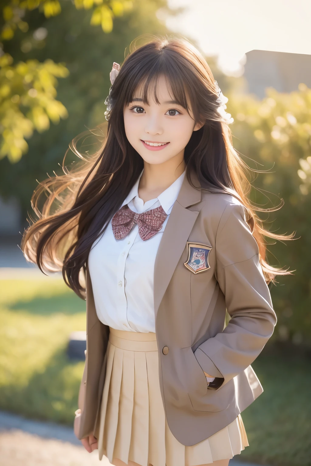 (((masterpiece，8K，highest quality, very detailed)))，Coming running，(one beautiful girl，innocence，cute)，((baby face、Childish，cute10歳の美少女))，Real Gravure Idol，super detailed face、detailed lips、detailed eye、enjoying，((boyish short hair:1.37))，((brown long sleeve blazer, Red Neck Ribbon，light brown pleated mini skirt，Japanese high school uniform with the school emblem on the chest))，Joyful，Excited，rosy cheeks，cozy atmosphere，magic moment，happy memories，love and laughter，small breasts，small ass，slender body shape，low length，A smile that makes you want to hug me，warm air，anatomically accurate，movie lighting，Love overflows，I like you，Natural light，autumn scenery，Beautiful autumn leaves，blue and high sky，Feeling of sprinting，Pose with movement