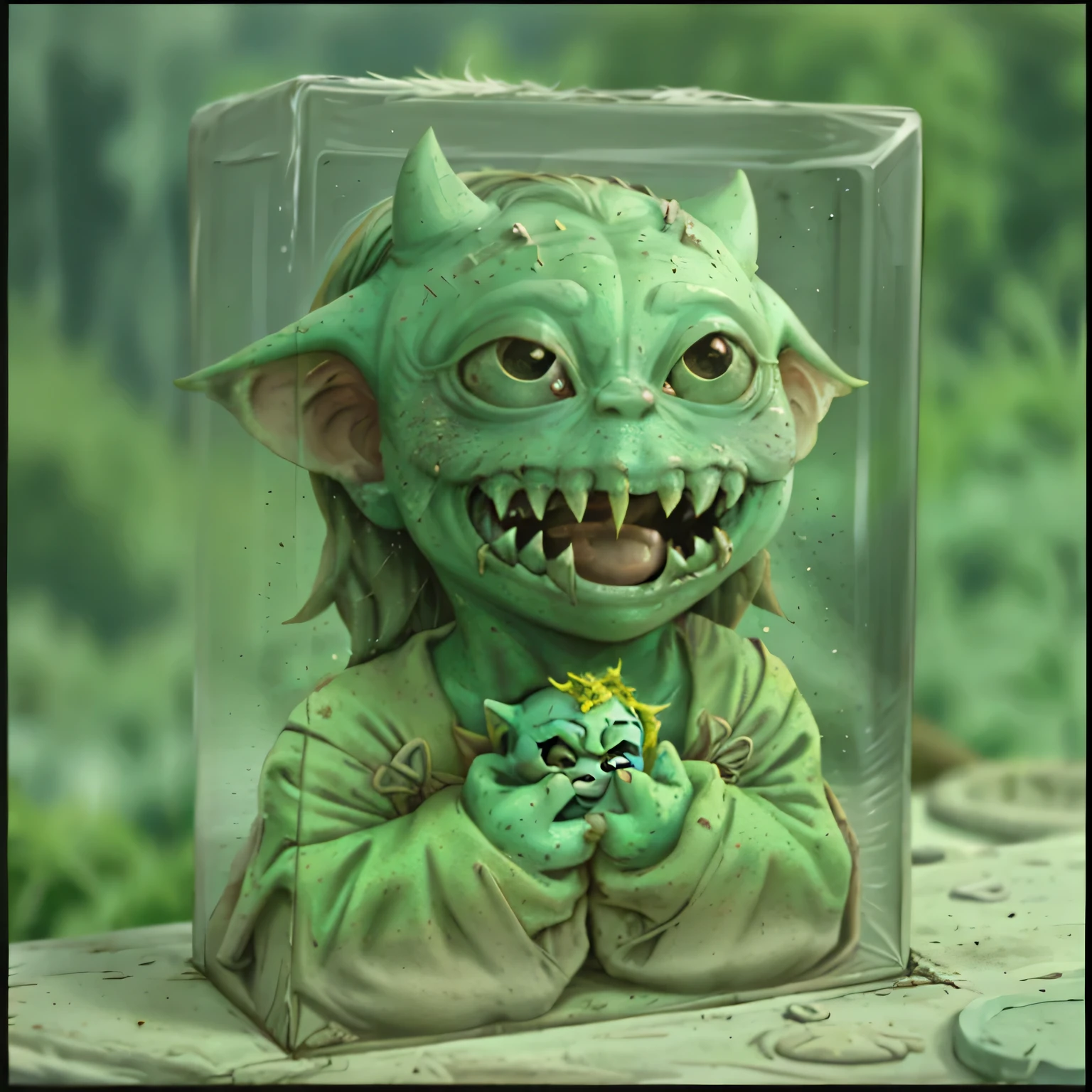 cartoon green monster in a glass box with a toothy face, cartoon creature, portrait of a cute monster, cute monster, cute monster character design, monster art, monster character design, monster design, art toy, by Darek Zabrocki, toy art, zbrush contest winner, by Pablo Munoz Gomez, rolands zilvinskis 3d render art