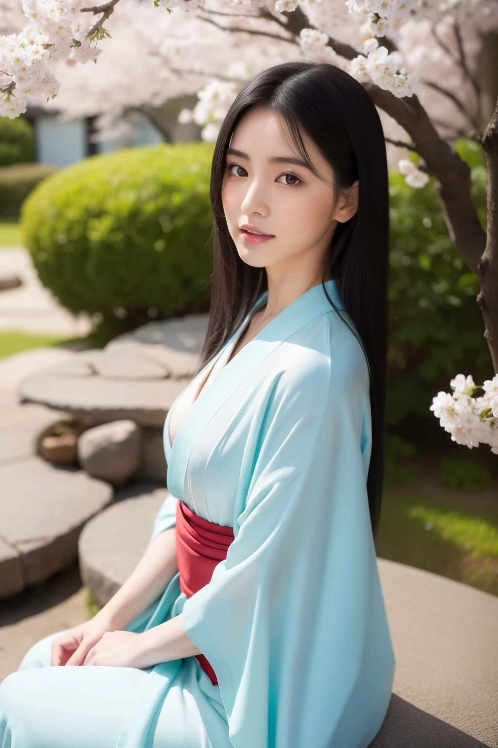 Gravure idol Kikuchi Hina reclined gracefully on the plush couch, her immaculate long black hair cascading down like a waterfall on one side. Her Full skintone revealing outfits were replaced with a delicate, modest kimono, its vibrant colors and intricate patterns accentuating her figure. The soft afternoon light filtered in through the shoji screens, casting a warm, gentle glow on her porcelain complexion and enhancing the richness of the kimono fabric. The tranquil garden setting provided a serene backdrop, with cherry blossoms gently swaying in the breeze, adding an air of elegance and peace to