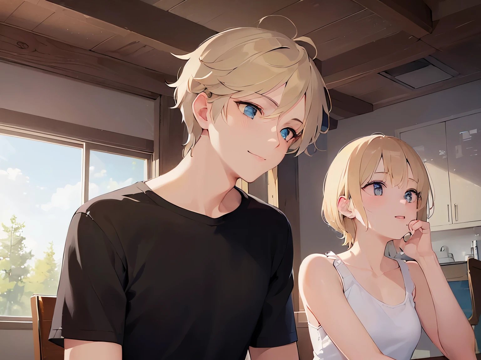 (looking away:1.5), (side angle:1.3), , masterpiece、high quality、(20 year old man with short blonde hair and green eyes:1.5)、(femboy:1.2), wearing a black T-shirt、(Alone:1.5)、(smile:1.1)、(Only the upper body is shown.:1.3)、Stay in the living room、sitting in a chair、
