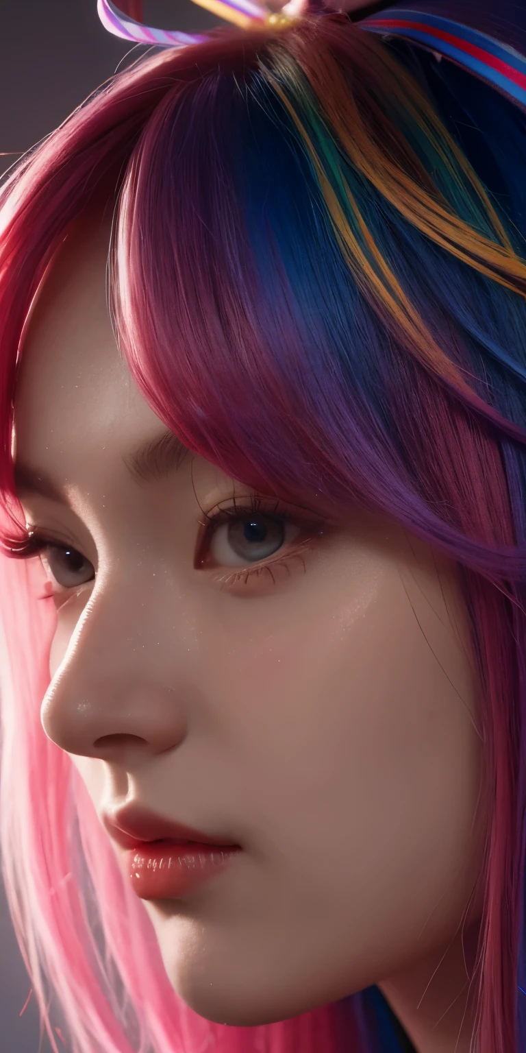 multicolored hair, hair ribbon, Surrealism, cinematic lighting, close-up, UHD, high details, masterpiece  