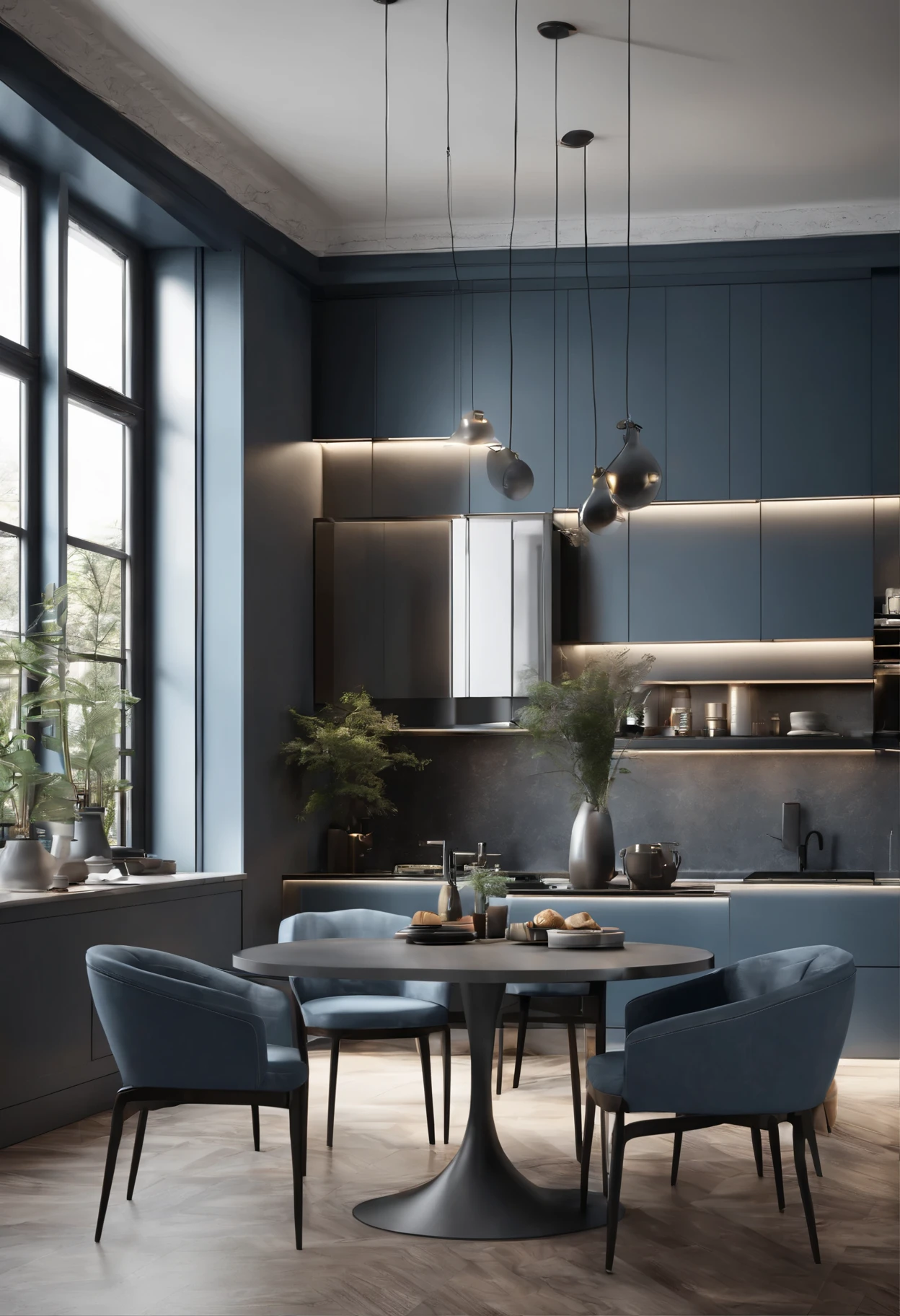 Professional 3d architecture rendering design of modern and minimal style of the kitchen with denim and pigeon color and ceiling lighting and four modern chairs and modern table