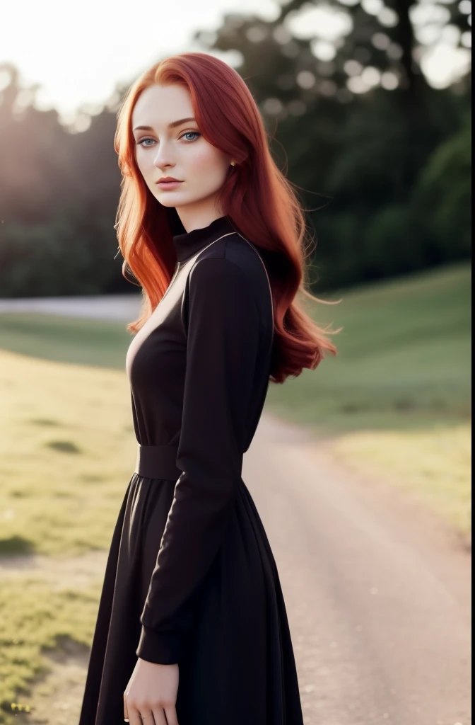 glamour, fashion photo, vogue magazine, beautiful, 18 years old, Sophie Turner with messy red hair, skinny, very small , pure eyes, makeup, details, higly detailed, Fashion Magazine, standing near the old castle, sunset, rim light, cinematic lighting,
Short black long-sleeved stretch jersey dress with cherry print:
• Multi-colored
• Round neck
• Long sleeves, cleavage 
polyester
ISO 100, f / 4, 1/200 p.